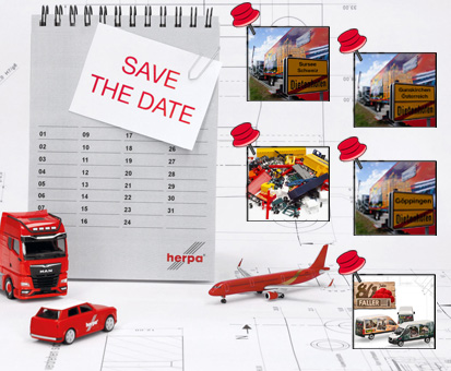 Kalender, Schreibwaren, rotes Auto, Flugzeug, Stempel