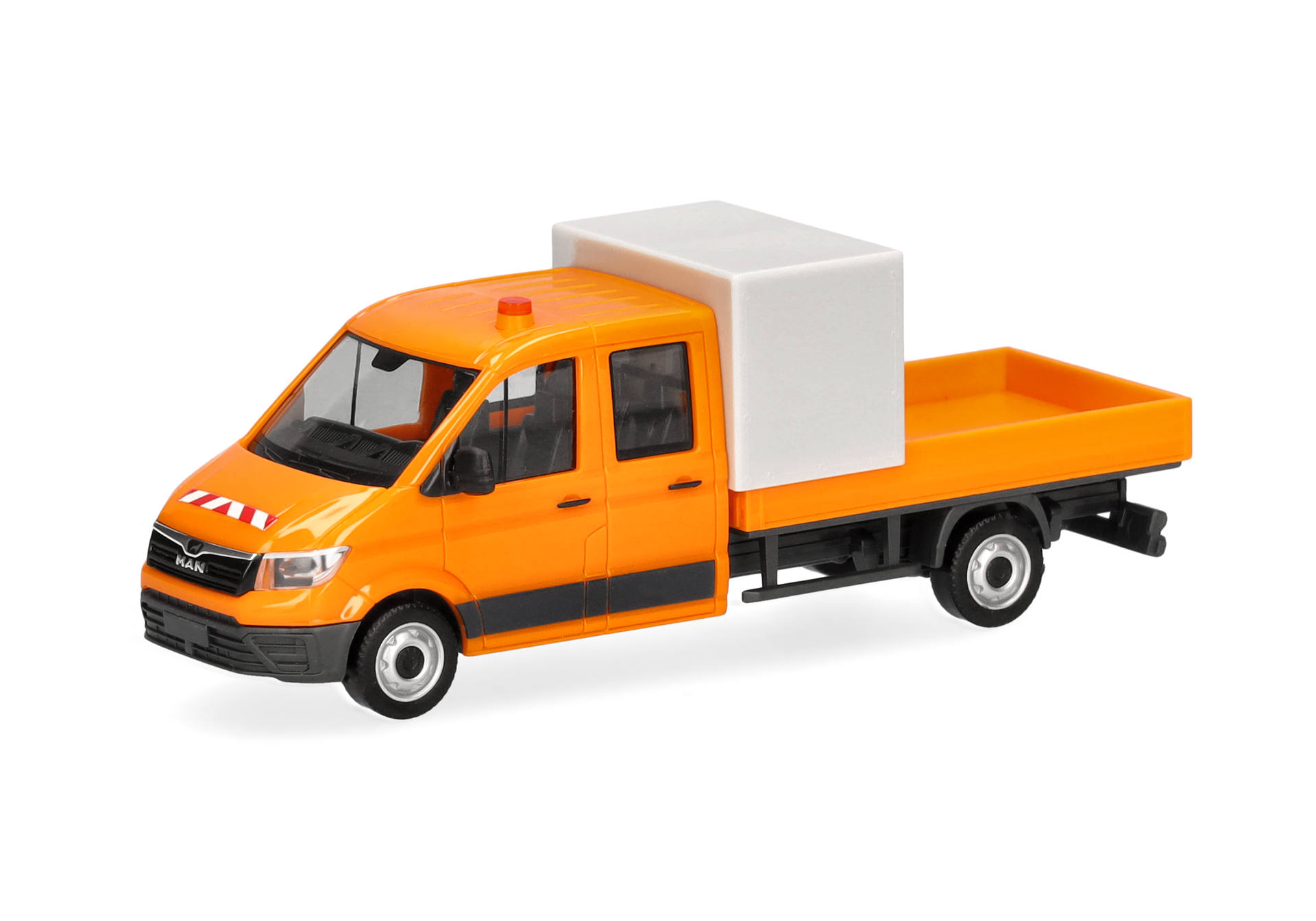 toy truck, flatbed truck, orange vehicle, cement mixer not visible, road construction