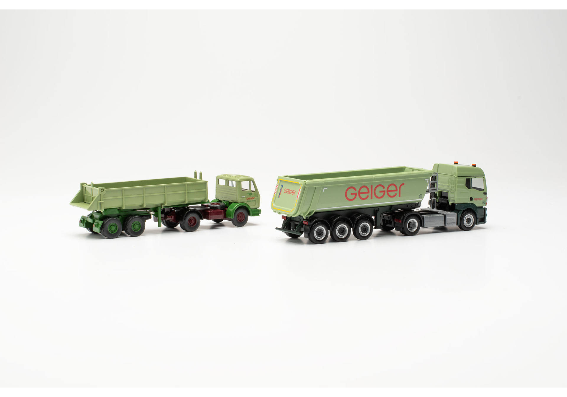 Set: MAN TGS TM and Mercedes-Benz (Wiking) dumper semitrailer truck "100 Jahre Geiger"