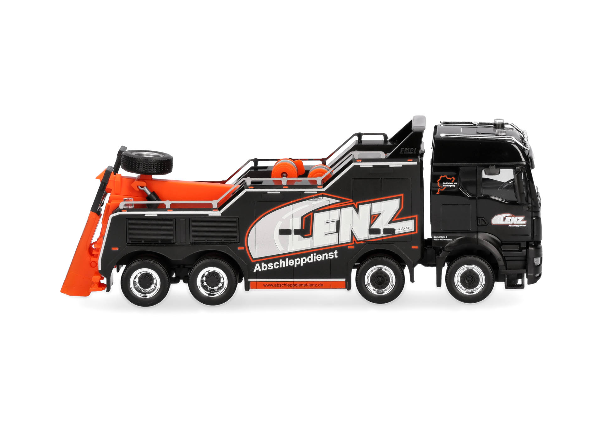 tow truck, diecast, orange, black, logo