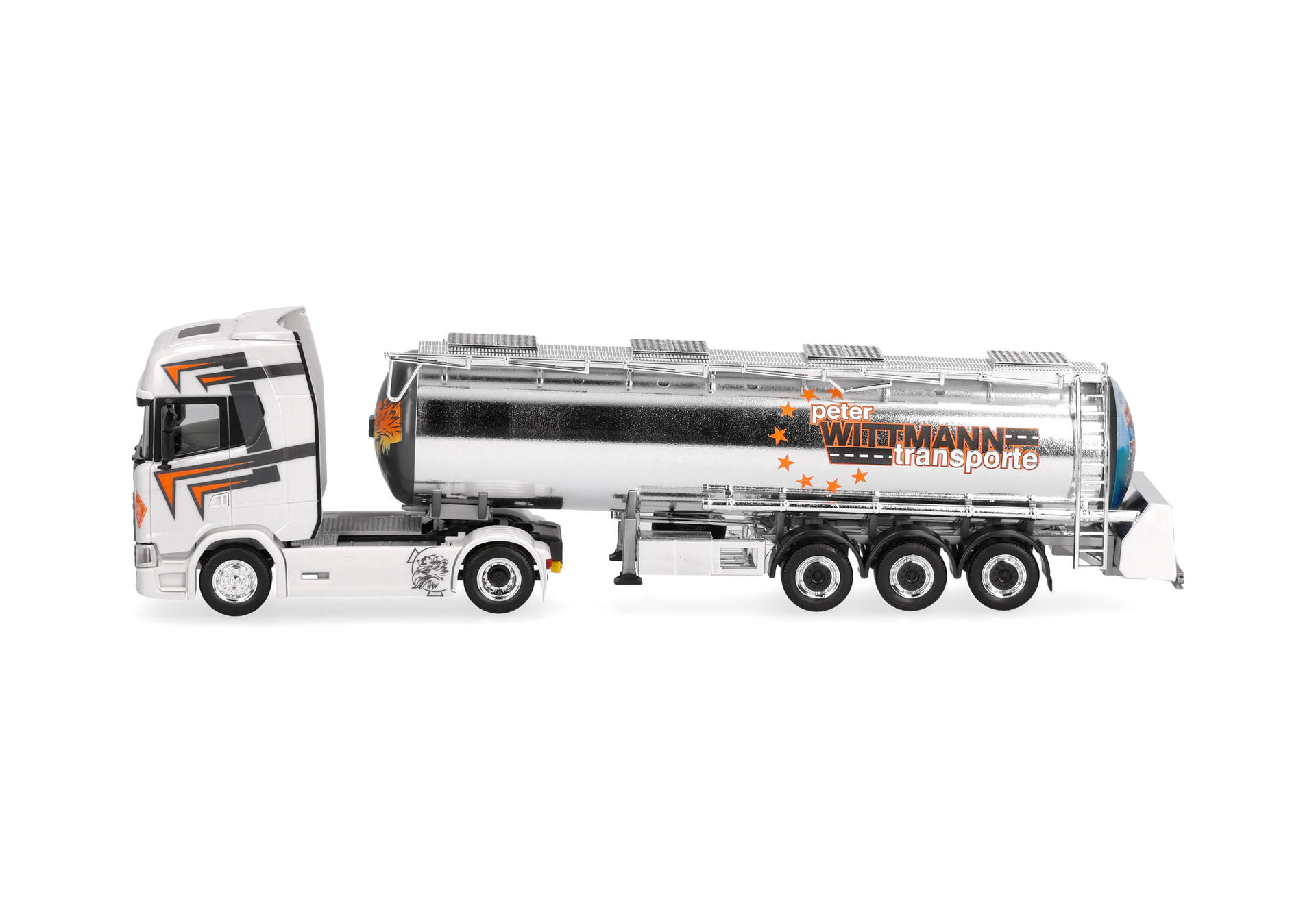 toy truck, metallic tanker, semi truck, orange accents, model vehicle