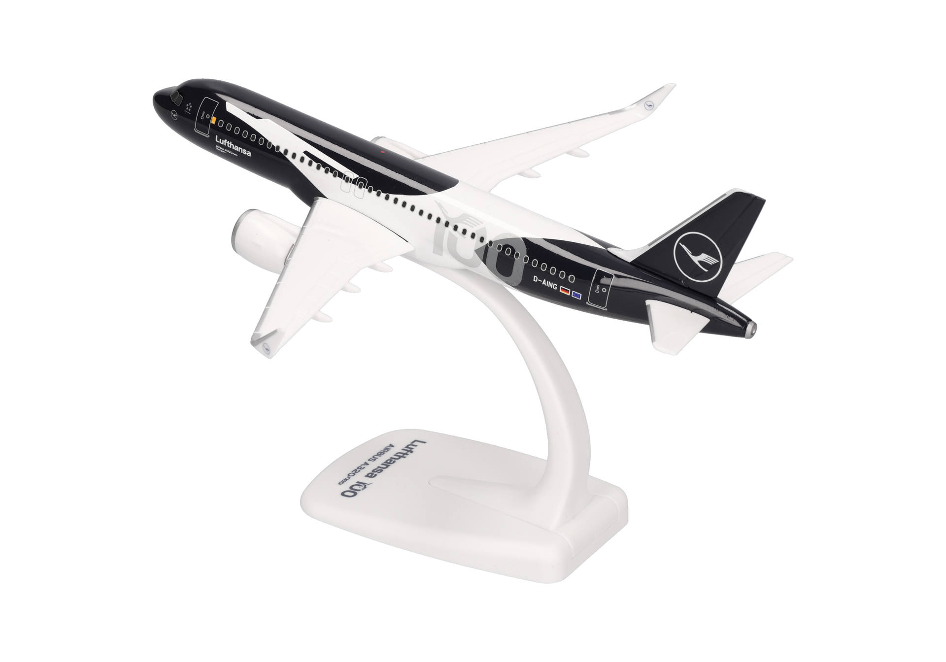 airplane model, die-cast, model airplane, display stand, airliner, Lufthansa, black white