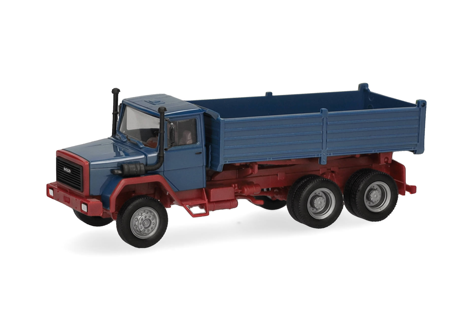 toy truck, dump truck, blue cab, red chassis, six-wheeled