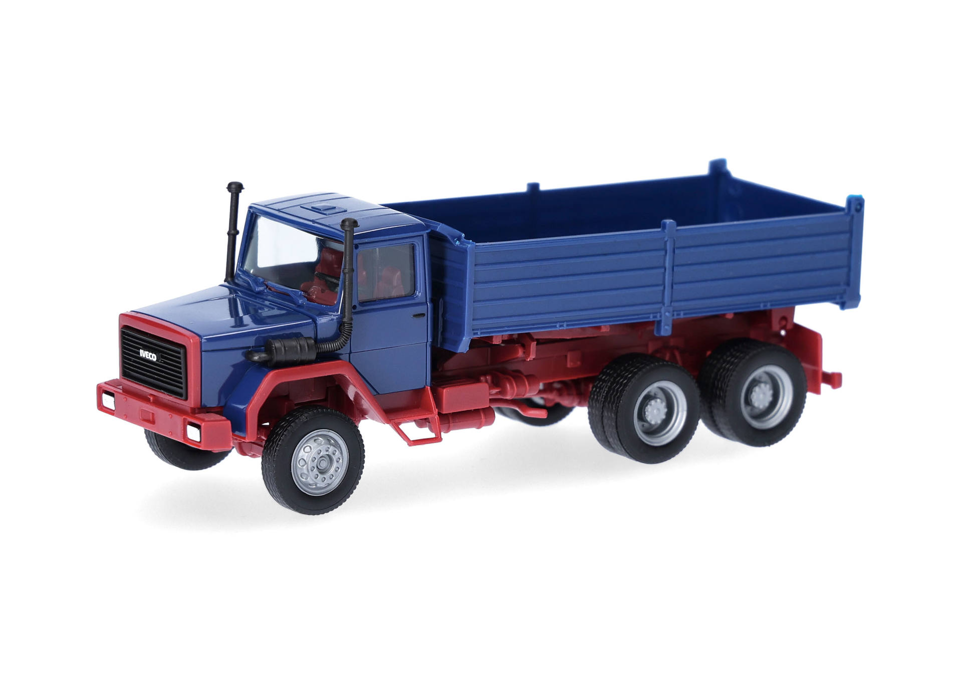 toy truck, dump truck, blue cab, red chassis, six-wheeled