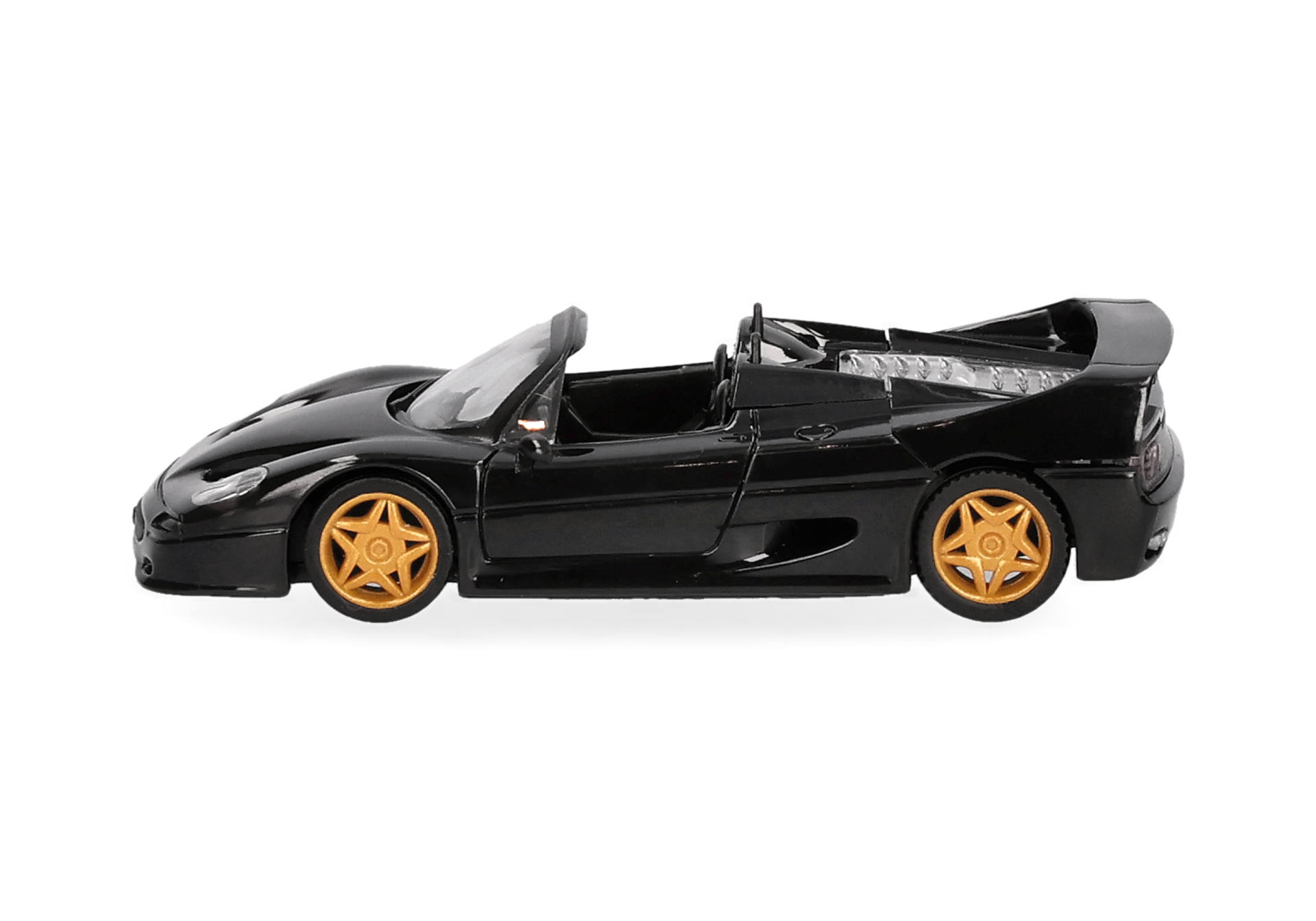 toy car, convertible, black, gold wheels, miniature