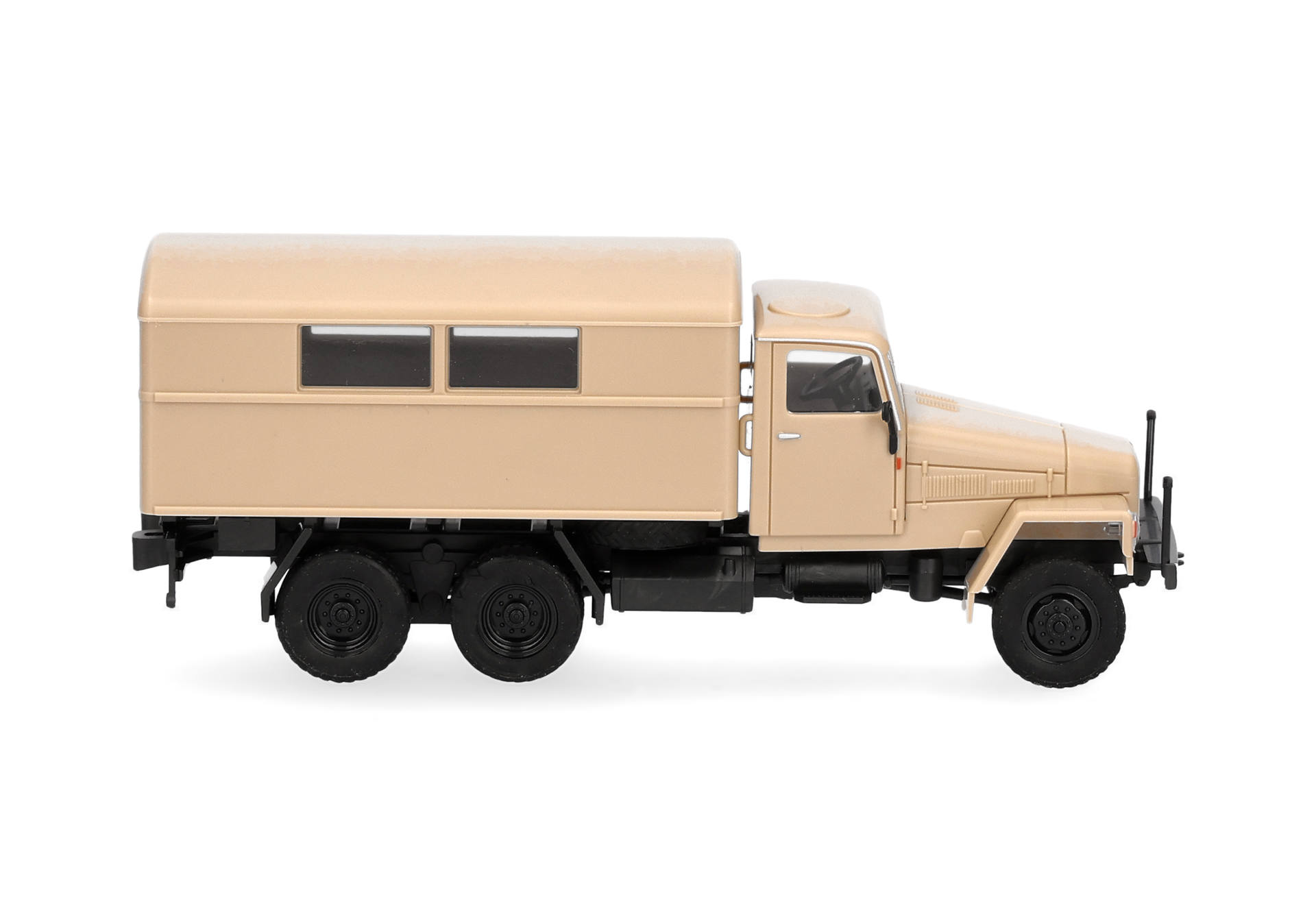 toy truck, truck trailer, beige color, six wheels, model vehicle