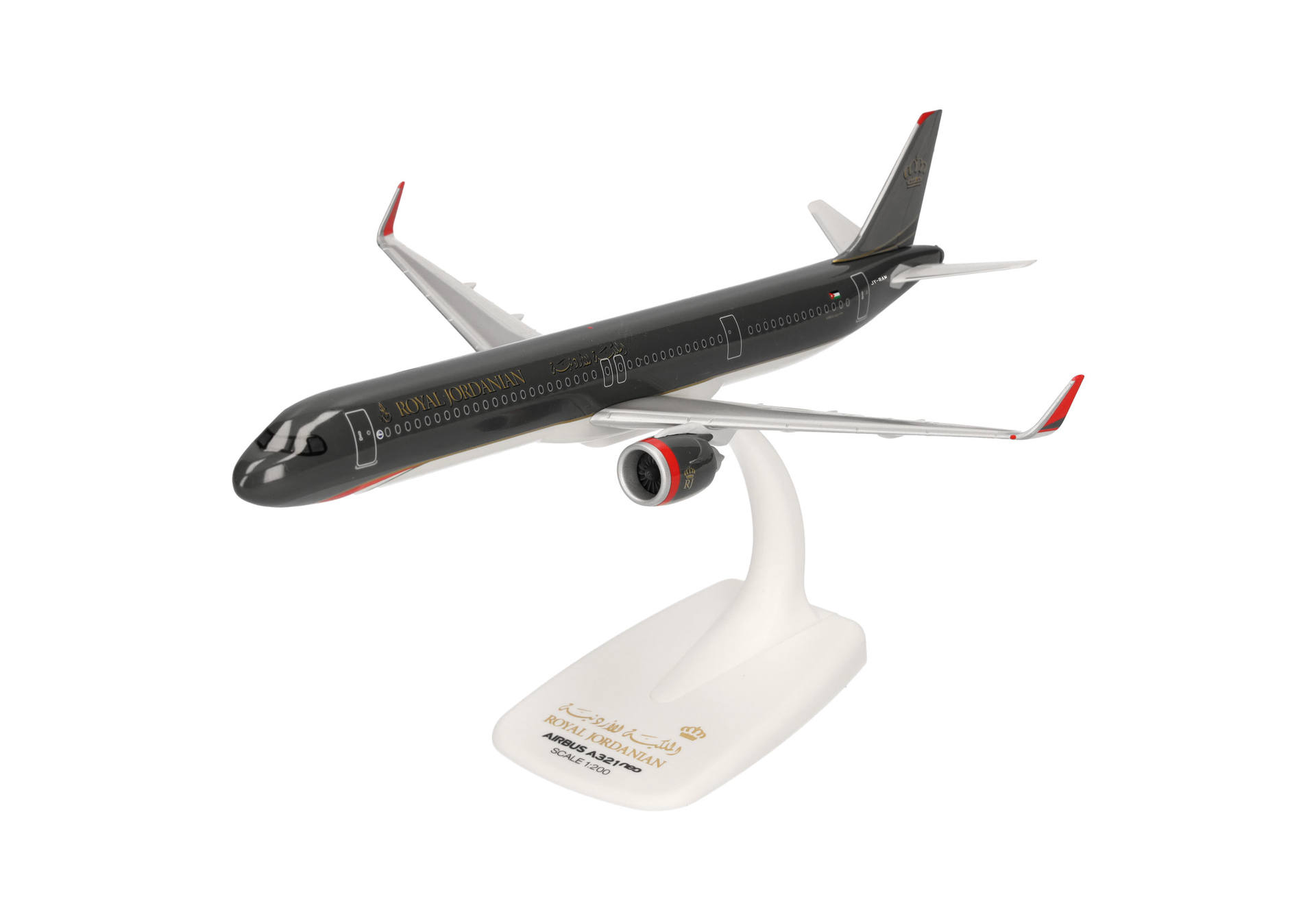 airplane model, jet model, scale model, royal jordanian, airbus a320, black livery, display stand