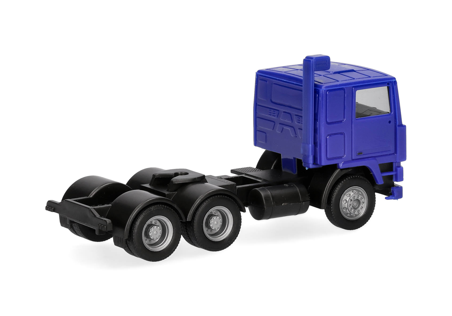 toy truck, trailer cab, blue cabin, black chassis, six-wheeled
