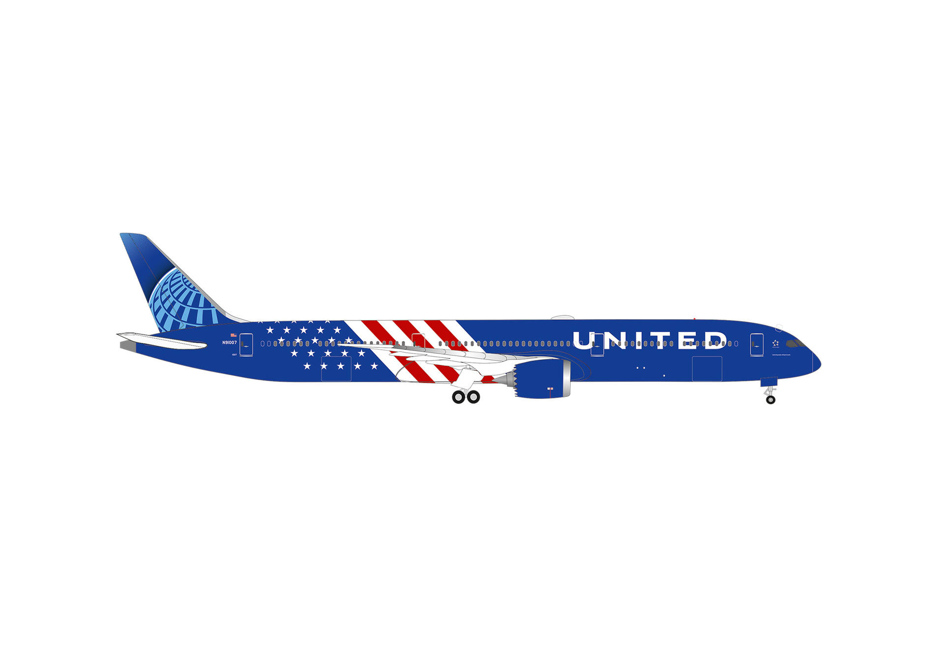 airplane, commercial aircraft, blue livery, United-themed, side view