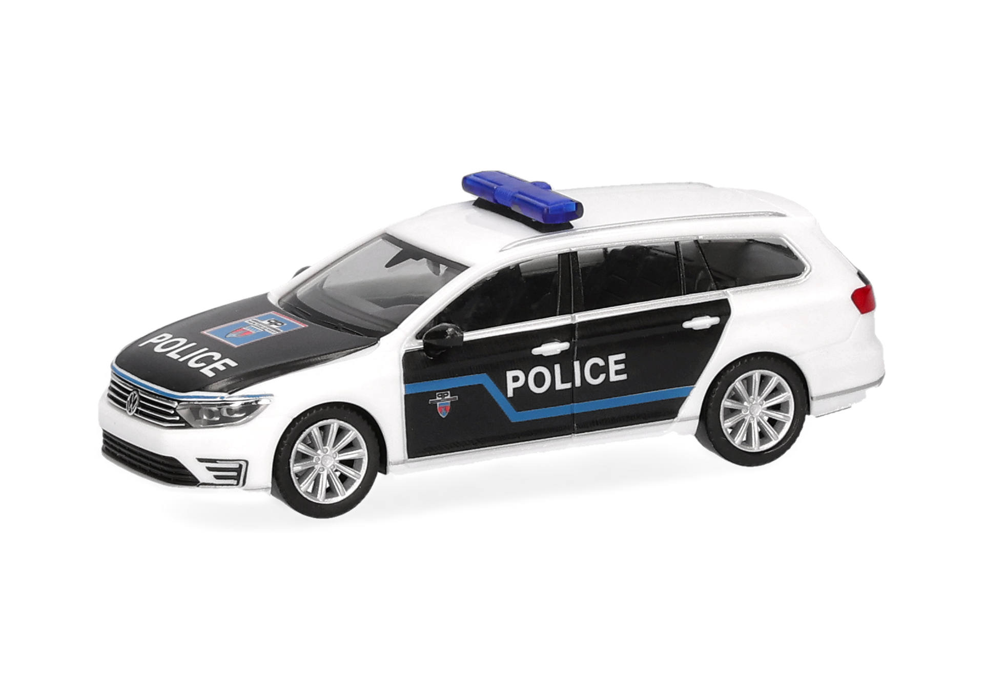 police car, toy car, vehicle model, black white, blue light