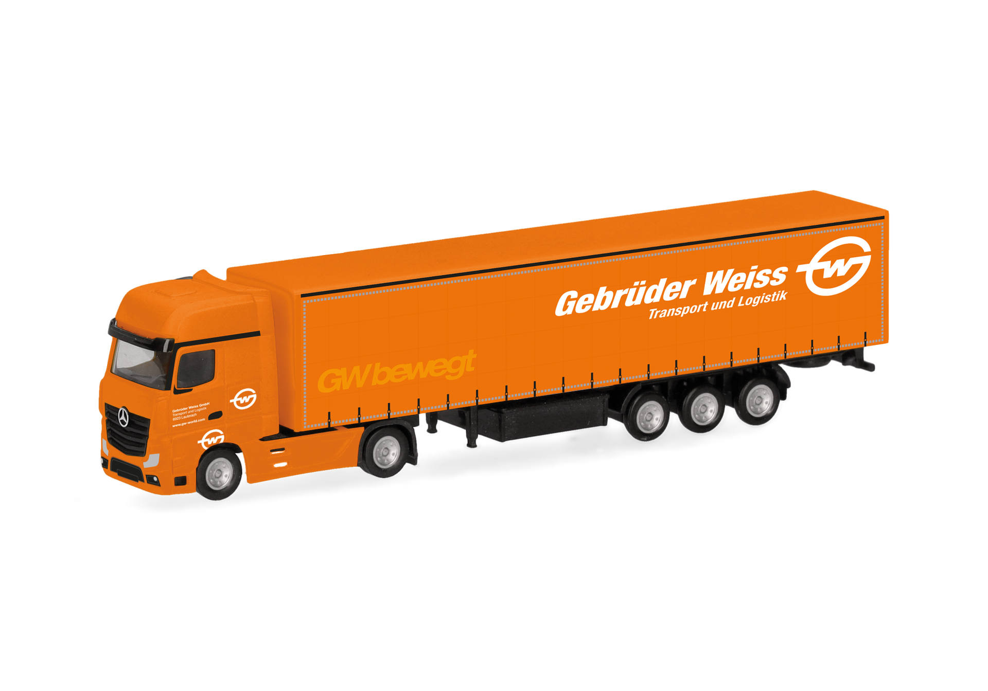 Mercedes-Benz Actros Gigaspace curtain canvas semitrailer truck "Gebrüder Weiss" (N scale, Austria), pure orange