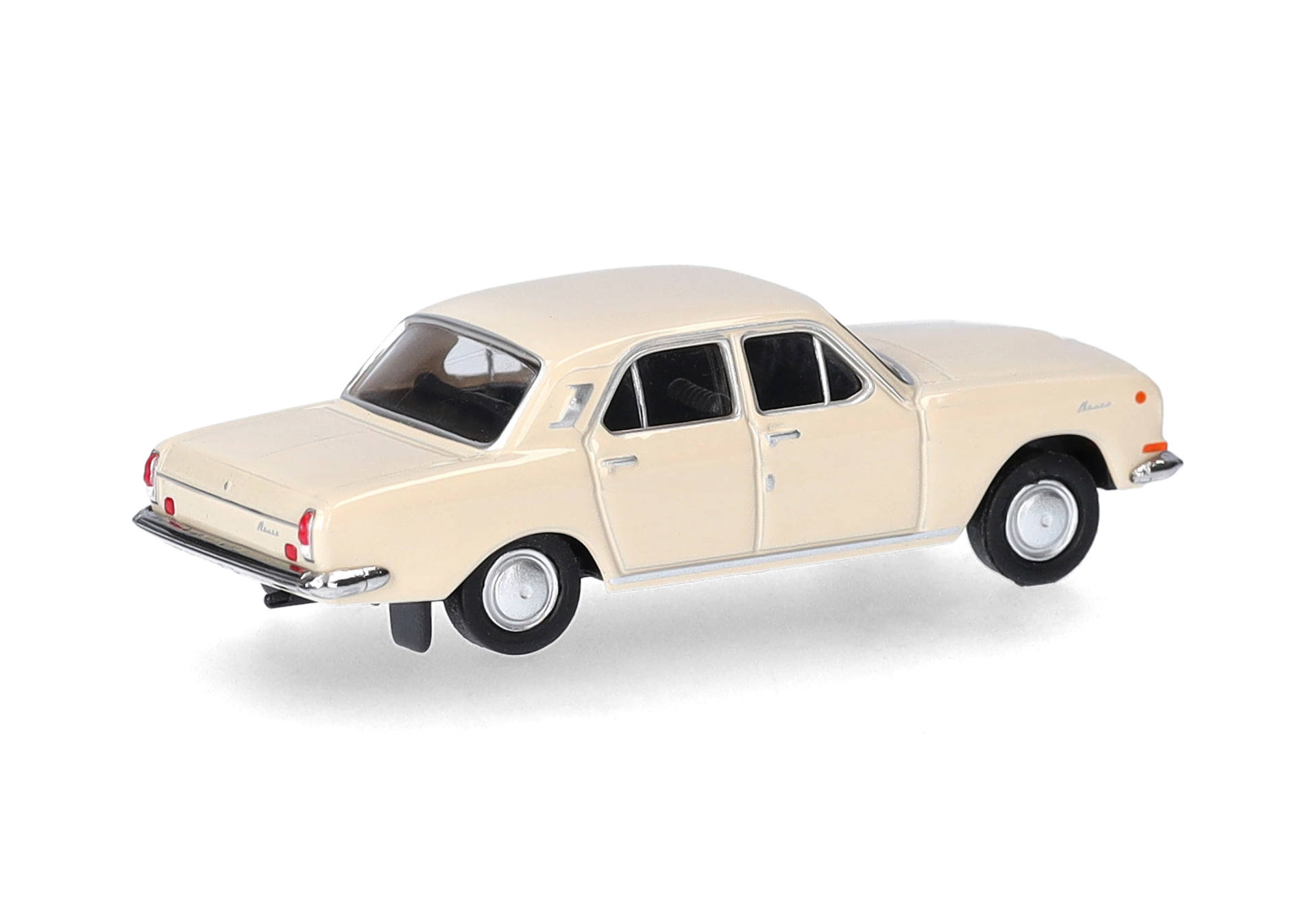 model car, diecast, sedan, four-door, cream color