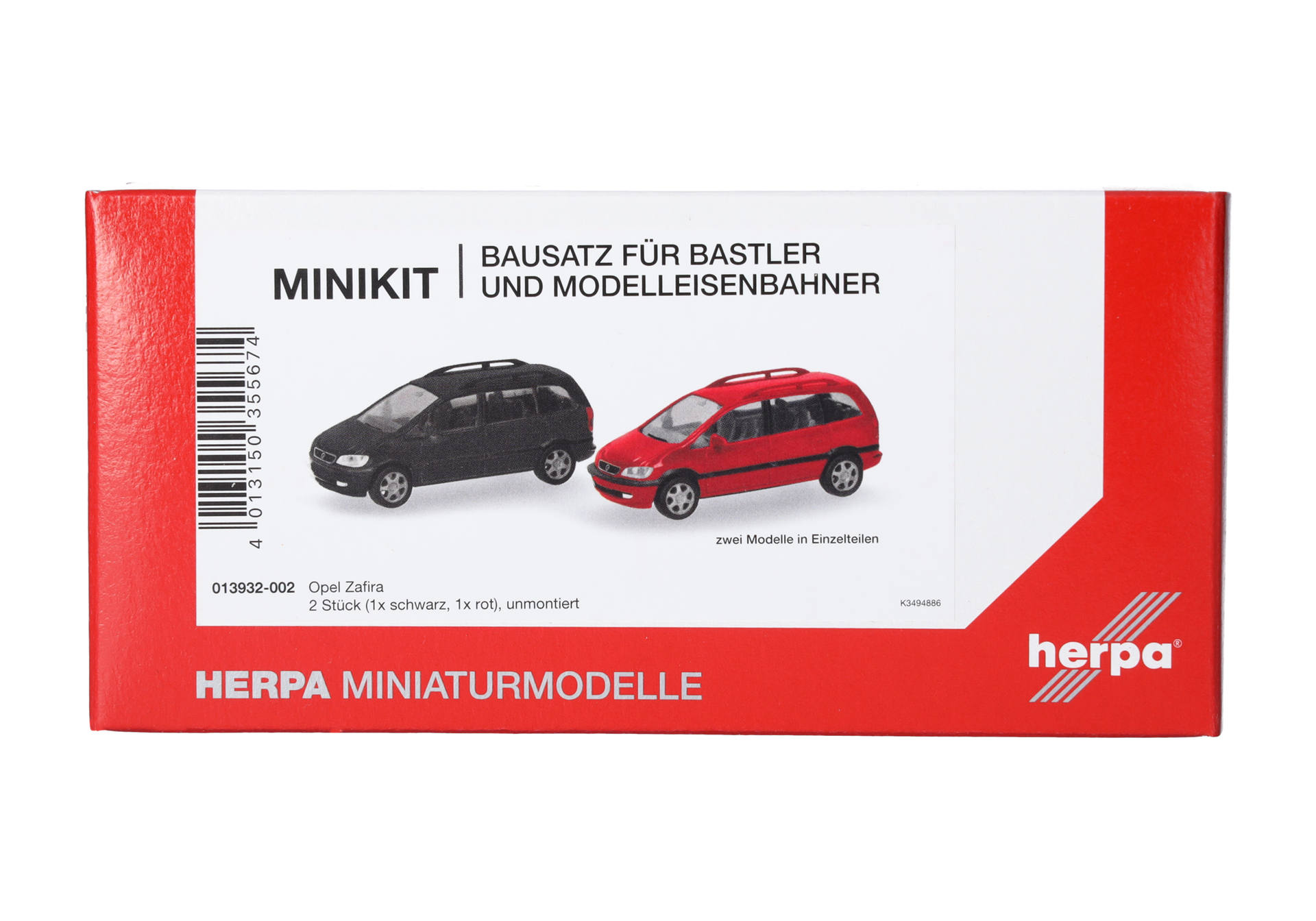 model car kit, miniature car, two models, Opel Zafira, red and black