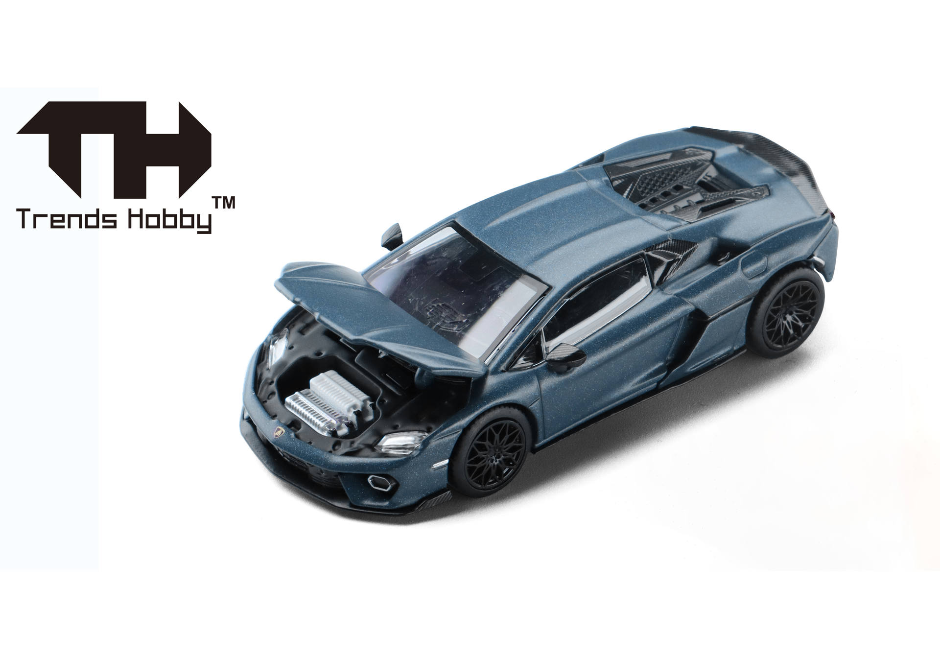 toy car, model car, blue car, engine exposed, open hood