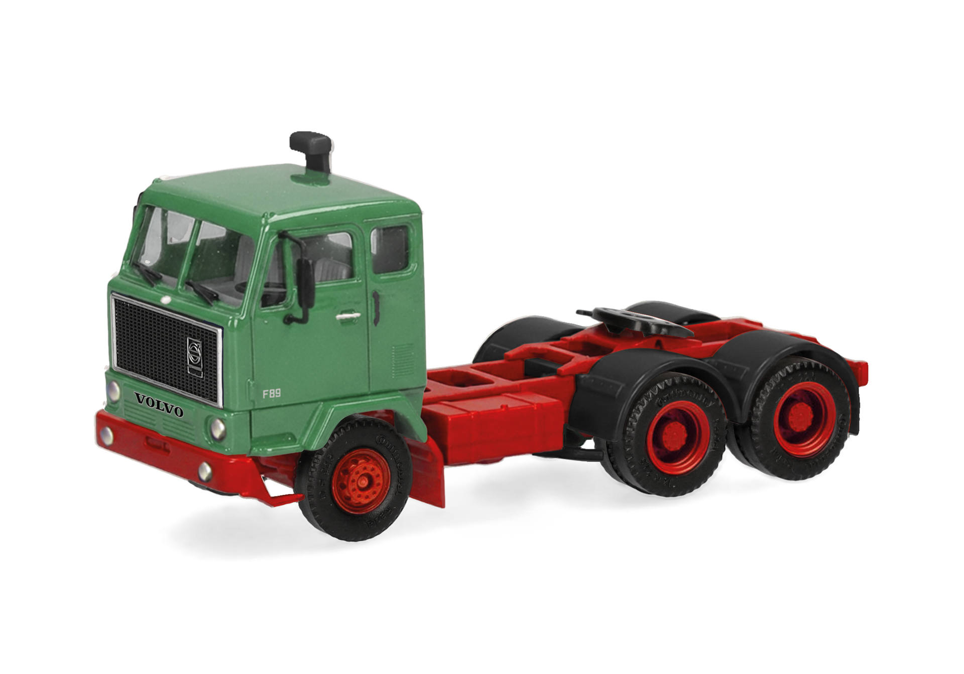 toy truck, green cab, red chassis, six-wheel, model vehicle