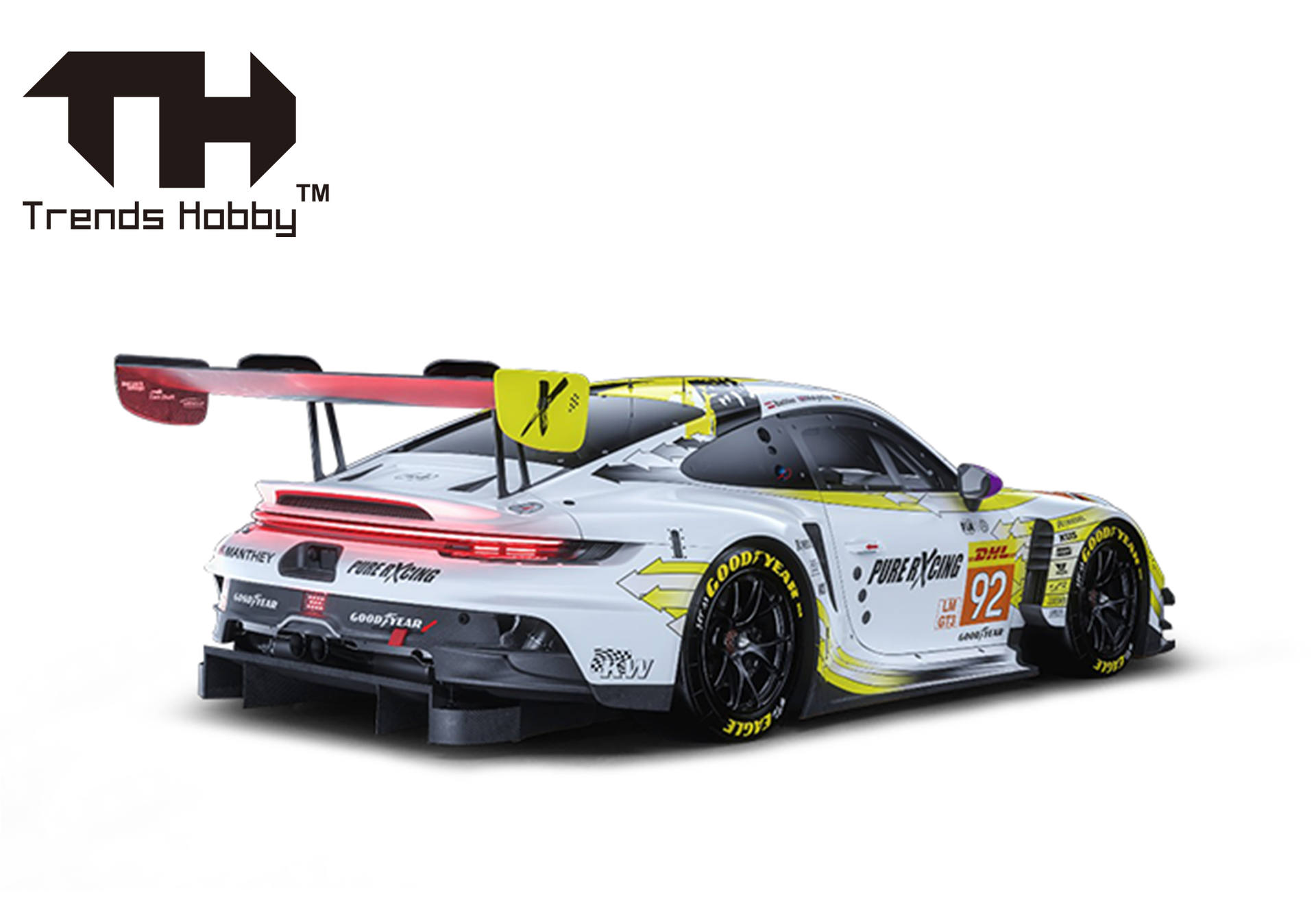 remote, racing car, model car, car with wing, white yellow livery