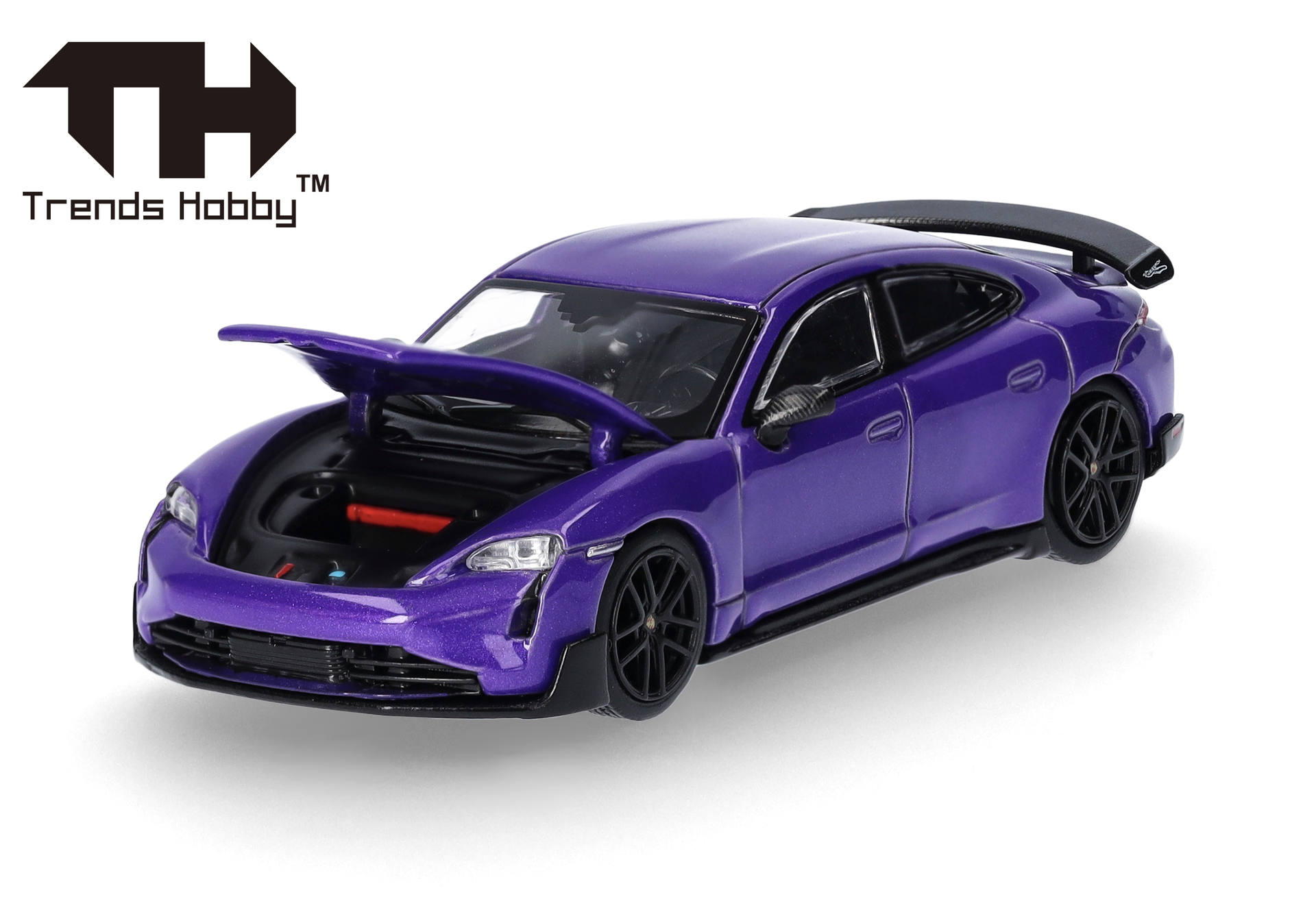 toy car, purple color, sedan body, open hood, spare details