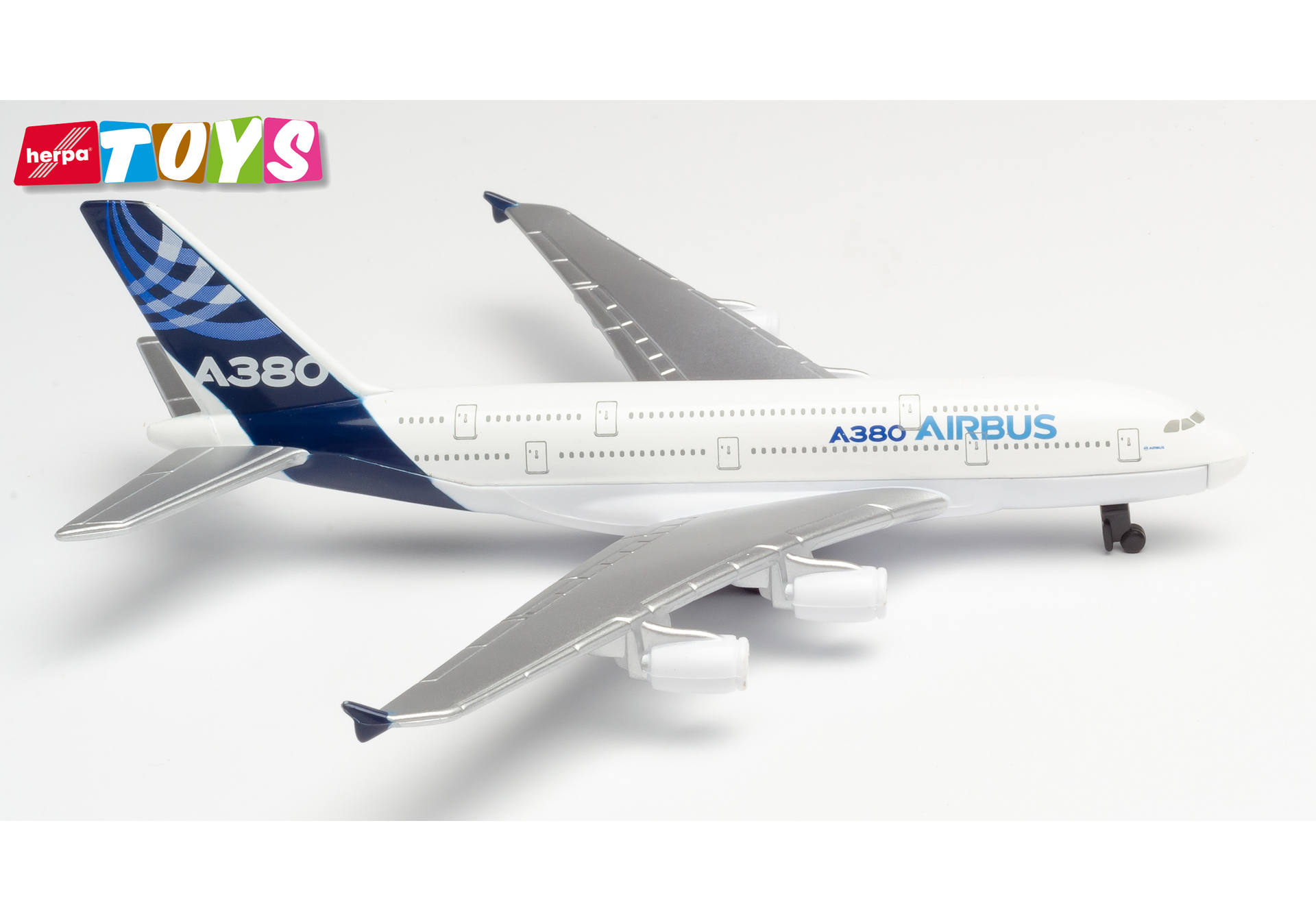 airplane model, A380, plastic toy, white, blue tail