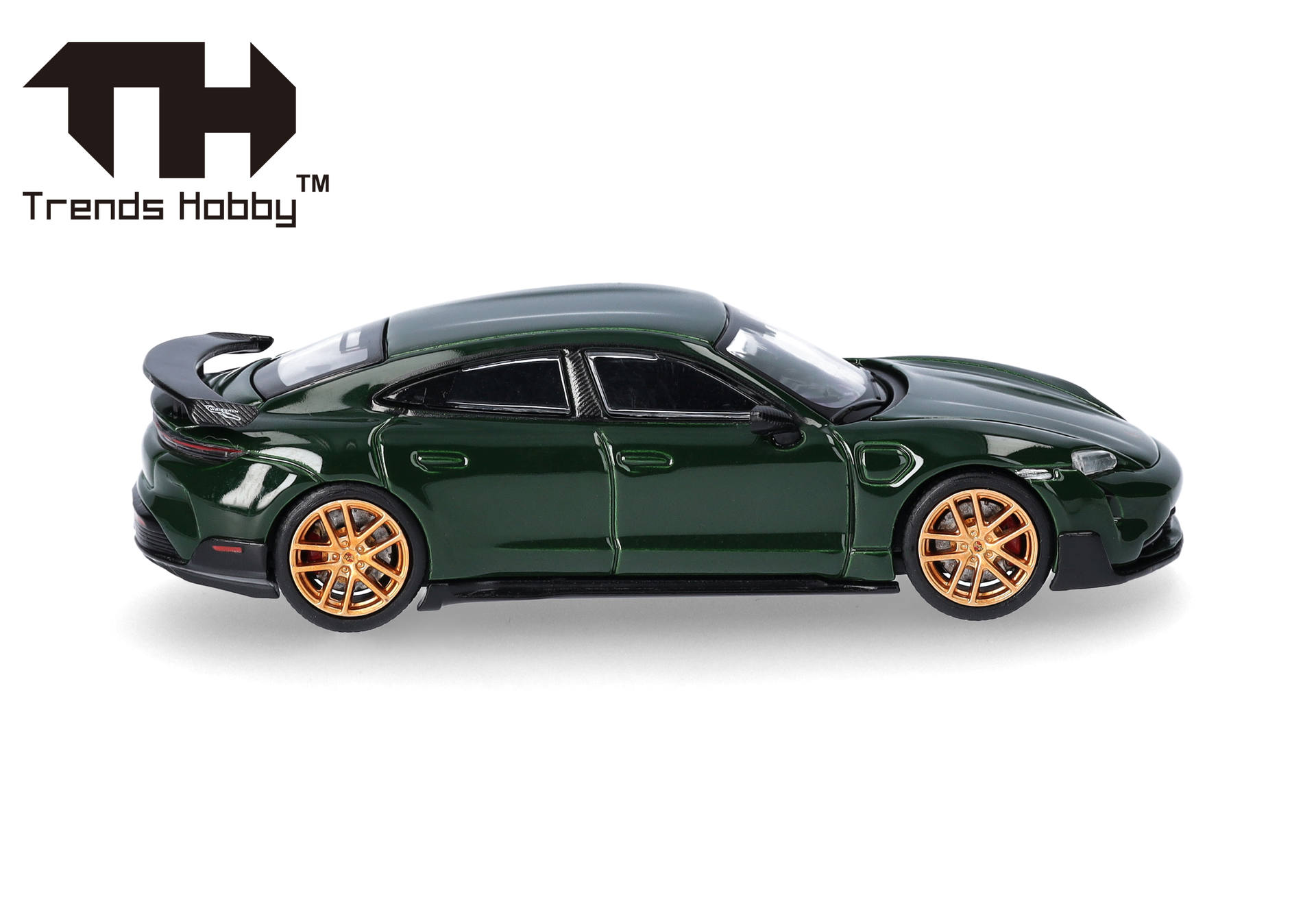 toy car, diecast, green, gold wheels, sedan