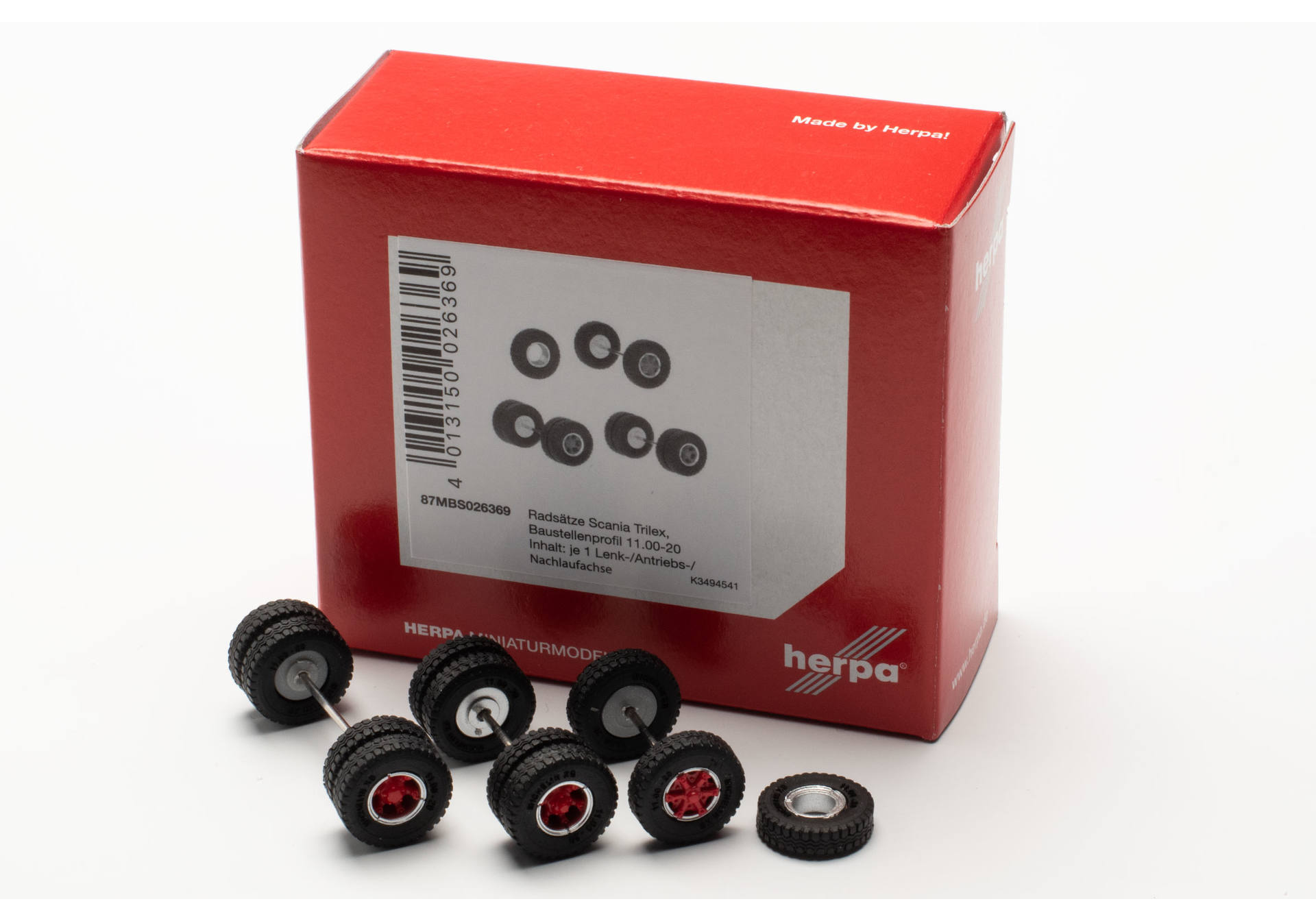 Accessory MBS wheel-set Scania Vabis Trilexsteel, tyres 11.00-20 construction site profile, silver/red