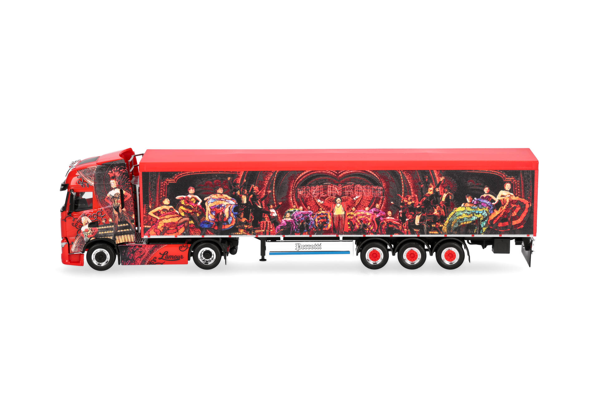 toy truck, red truck, trailer, art banner, circus/carnival