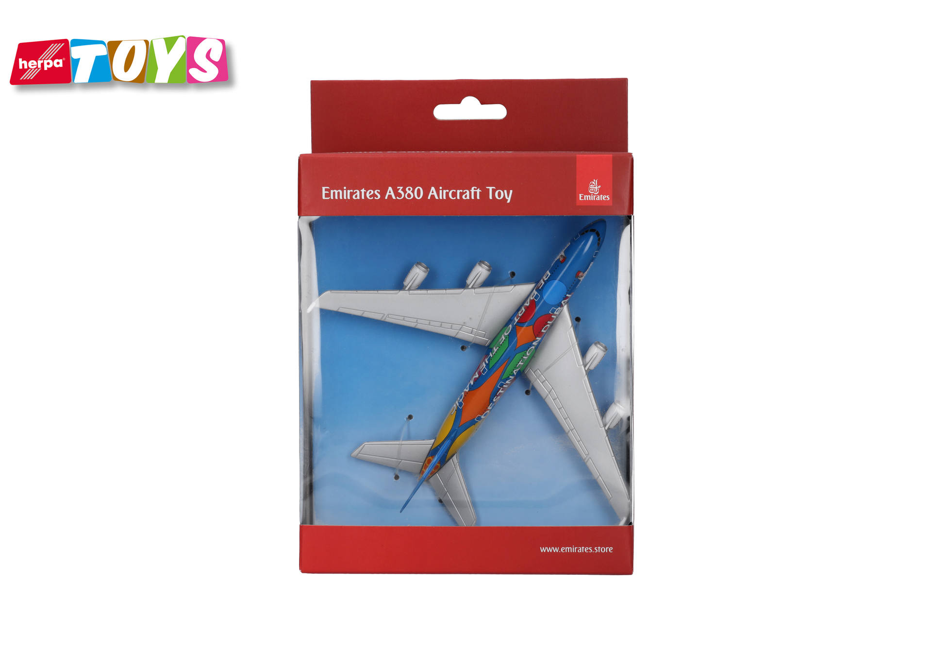 aircraft toy, model airplane, Emirates, blue background, packaging