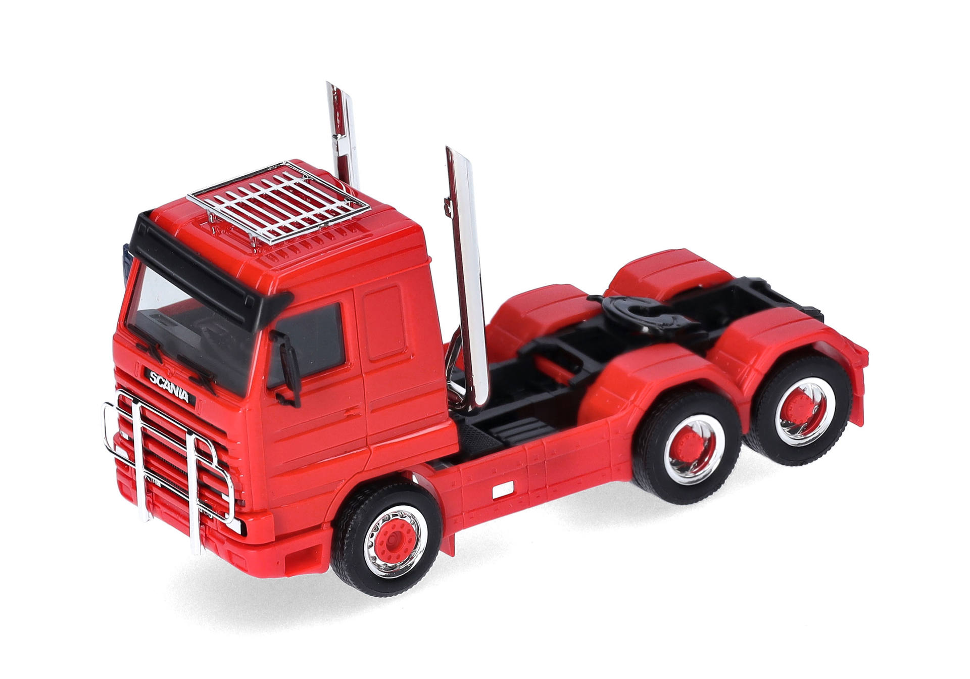 Scania 143 Streamline Solozugmaschine 3-achs (6x4) mit Dachträger, Rammschutz und Highpiges, rot