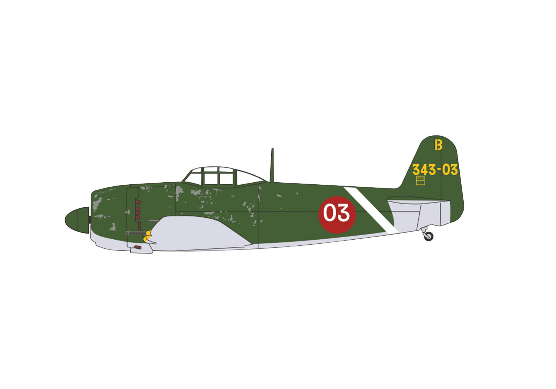 fighter aircraft, military plane, green camouflage, red roundel, tail number 343-03