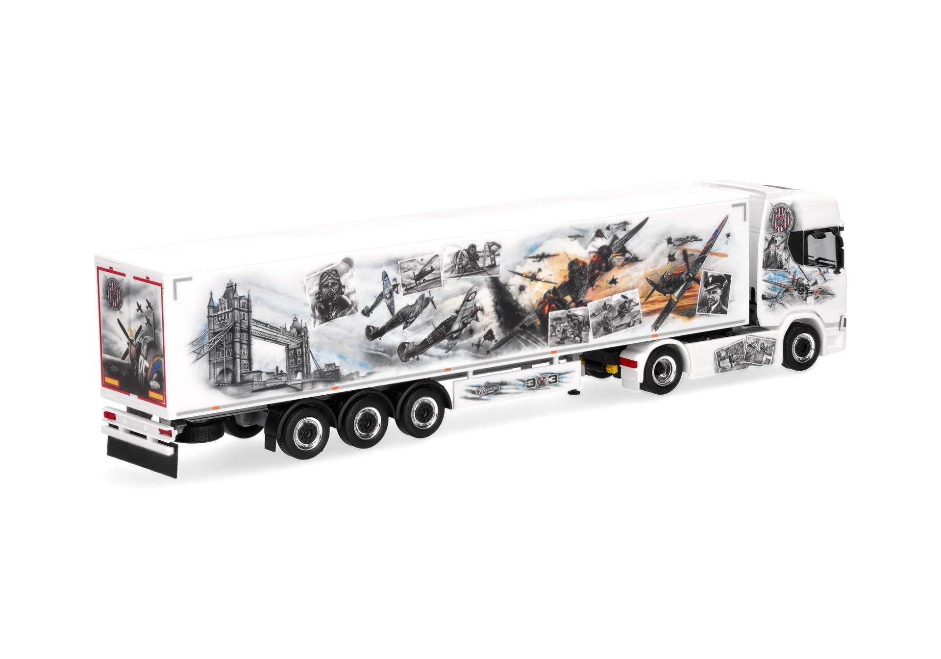 toy truck, trailer, art decal, white color, long haul