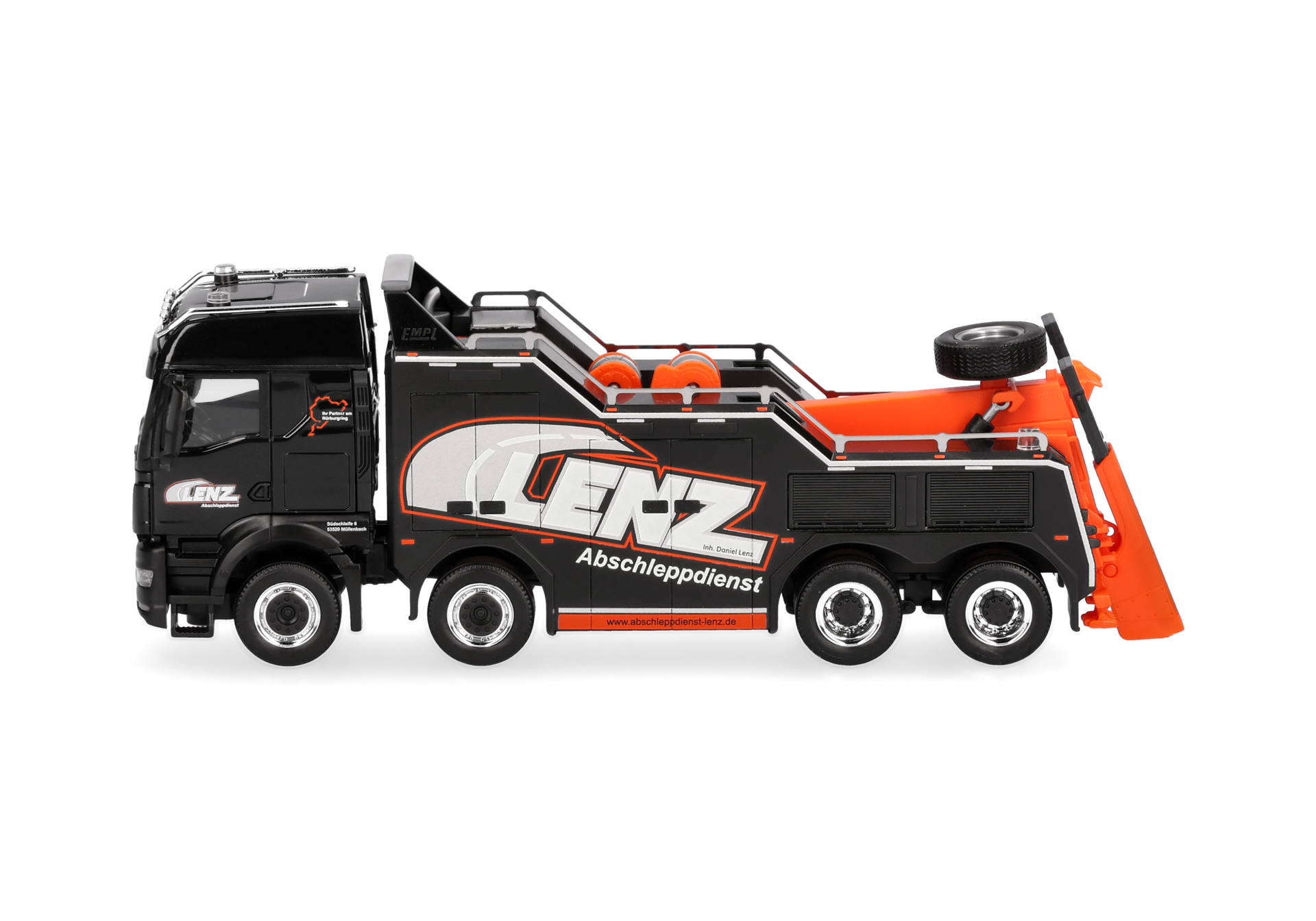 toy truck, tow truck, construction, black orange, wheel drive