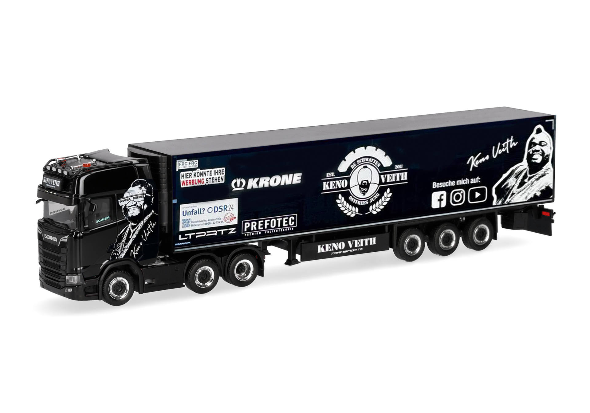 truck, semi-trailer, black, advertising, 3-axle trailer