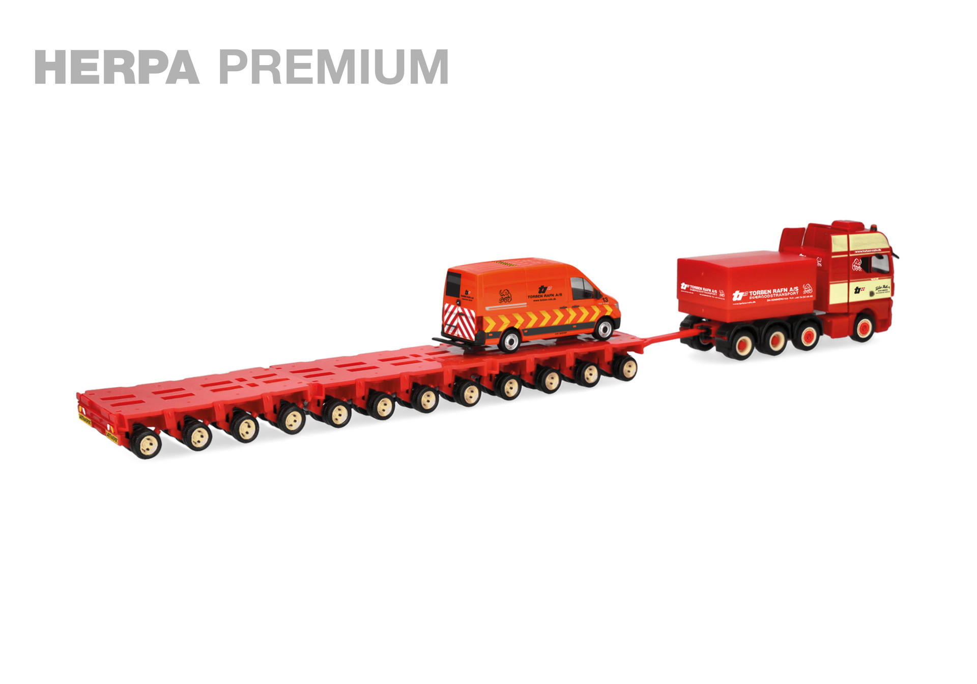 HERPA PREMIUM: "Torben Rafn" Heavy Duty Set - MAN TGX GX heavy-duty tractor 4axles with low-boy trailer 12axles and MAN TGE box high roof