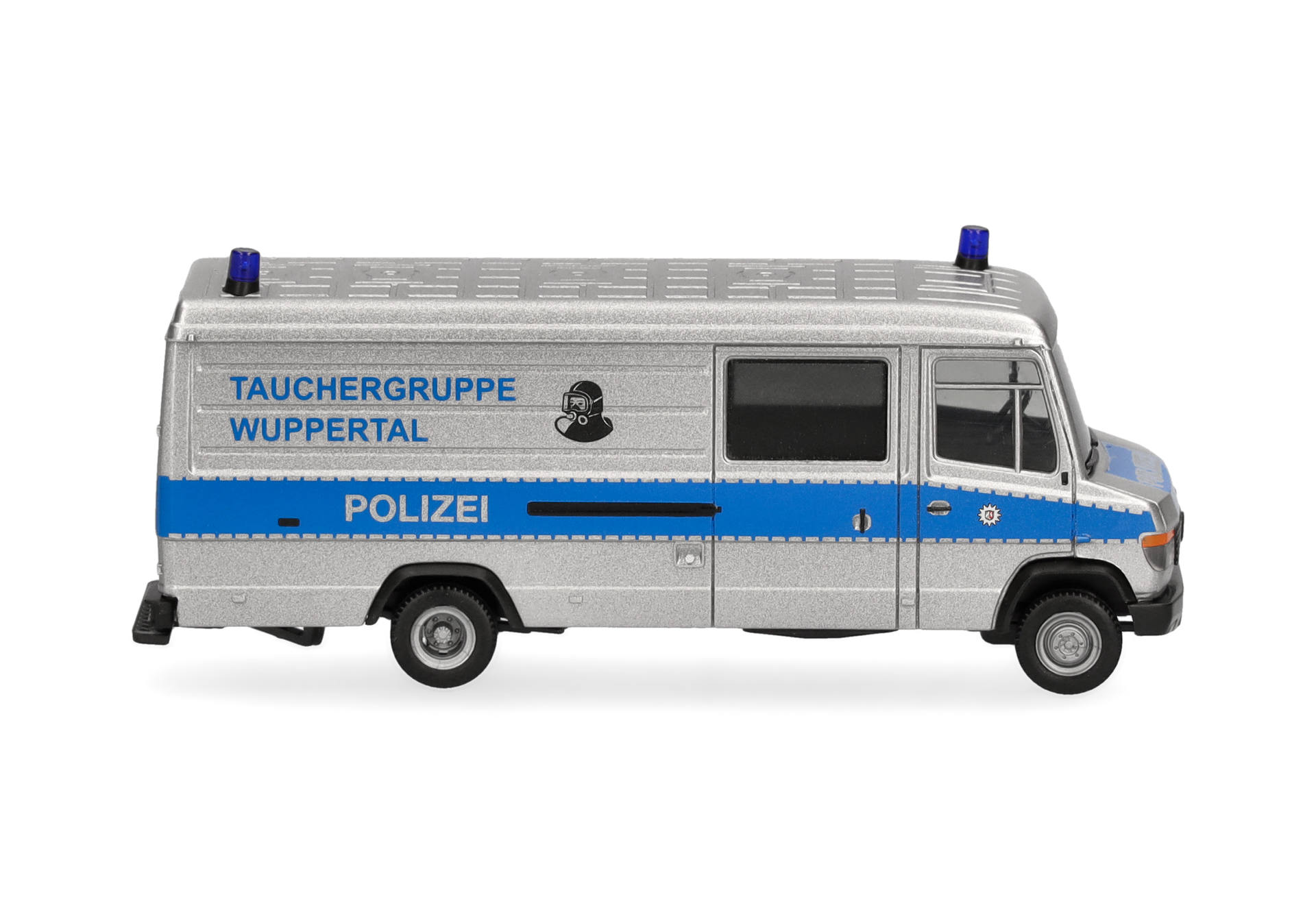 Polizei-Van, Spielzeugfahrzeug, Silberner Körper, blauer Streifen, Miniatur