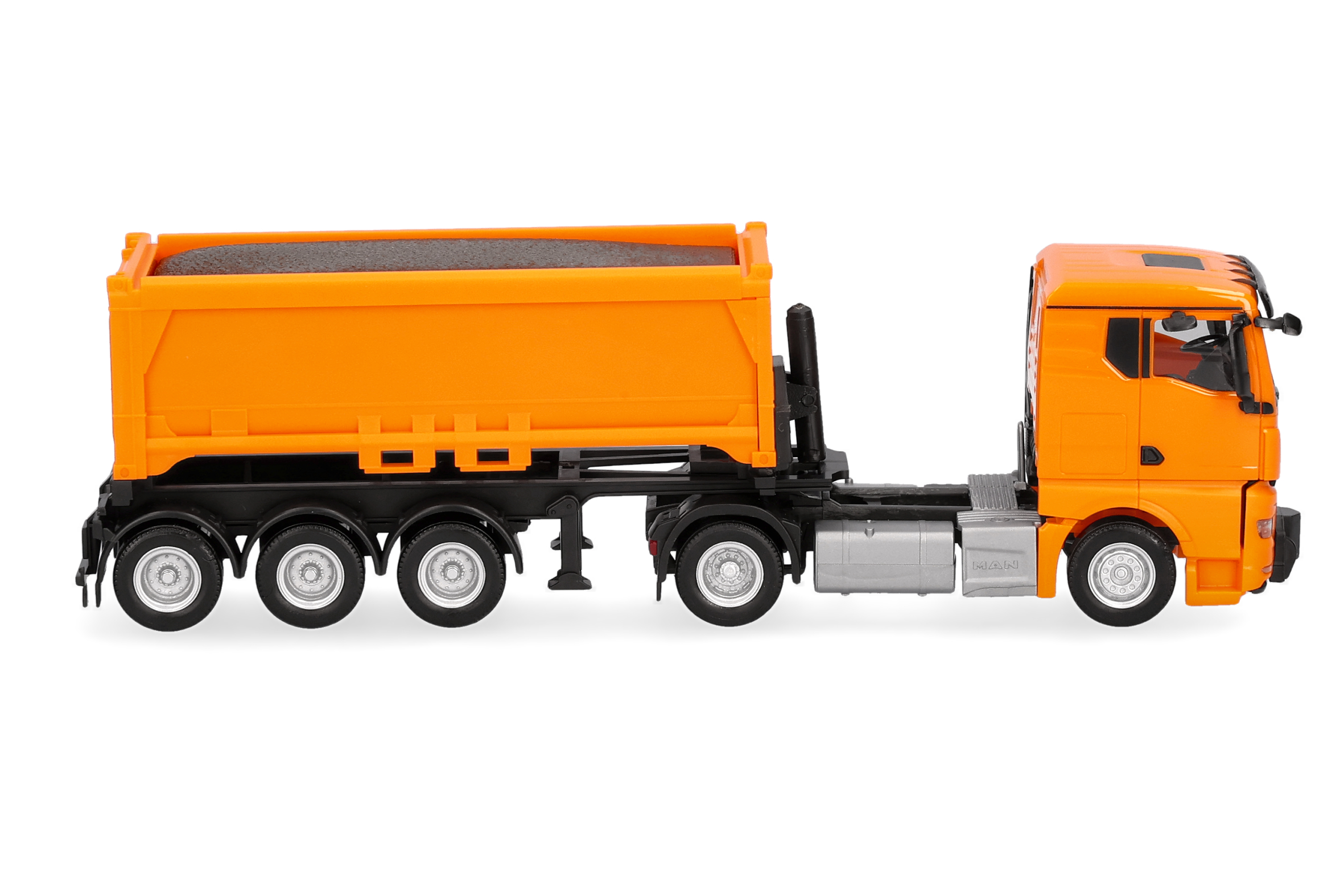 dump truck, truck trailer, orange vehicle, construction toy, six-wheeled