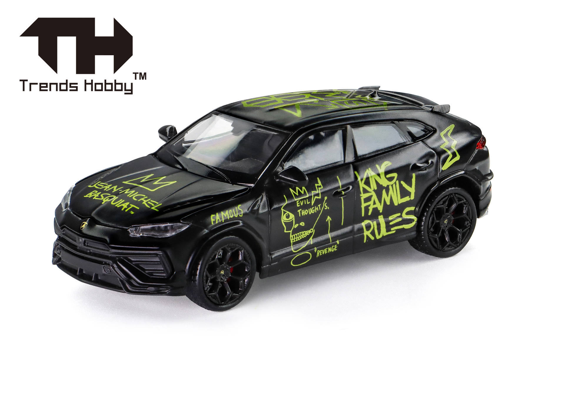 toy car, die-cast, black, neon green graphics, graphic wrap