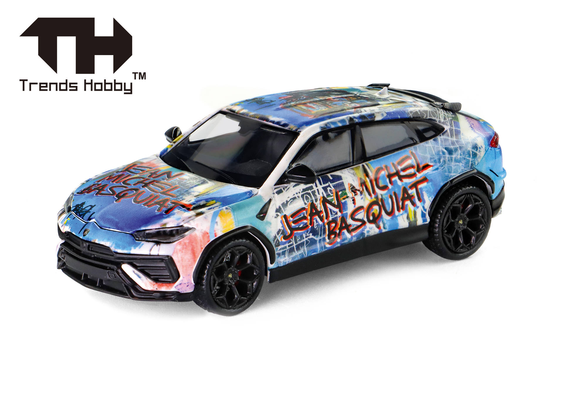 diecast car, graffiti wrap, sports SUV, black wheels, painted car