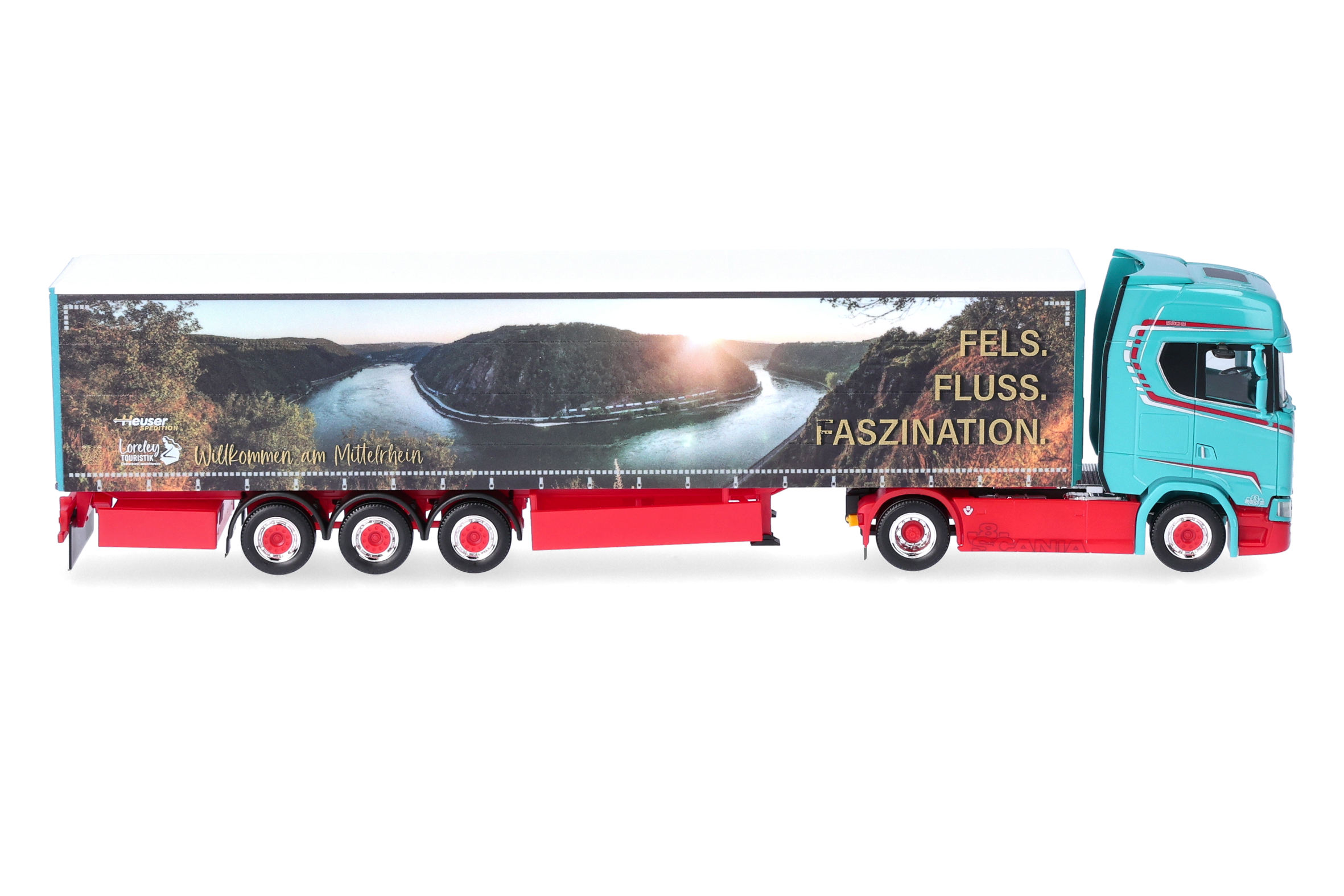 Scania CS 20 high roof curtain canvas semitrailer truck "Spedition Heuser / Faszination Loreley"