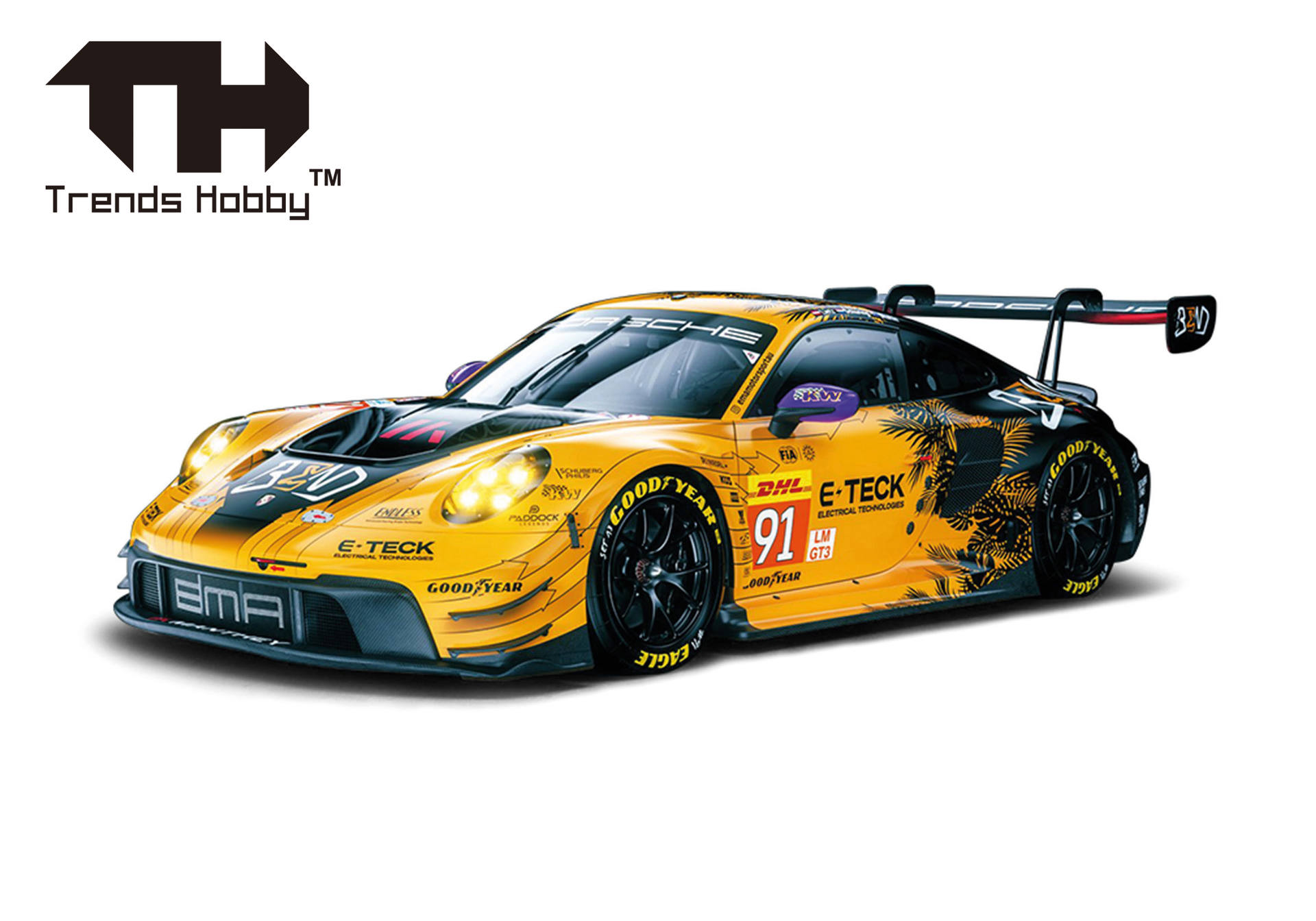 racecar, sports car, yellow car, porsche,  decals, sportscar, racercar, yellow, race livery, rear wing