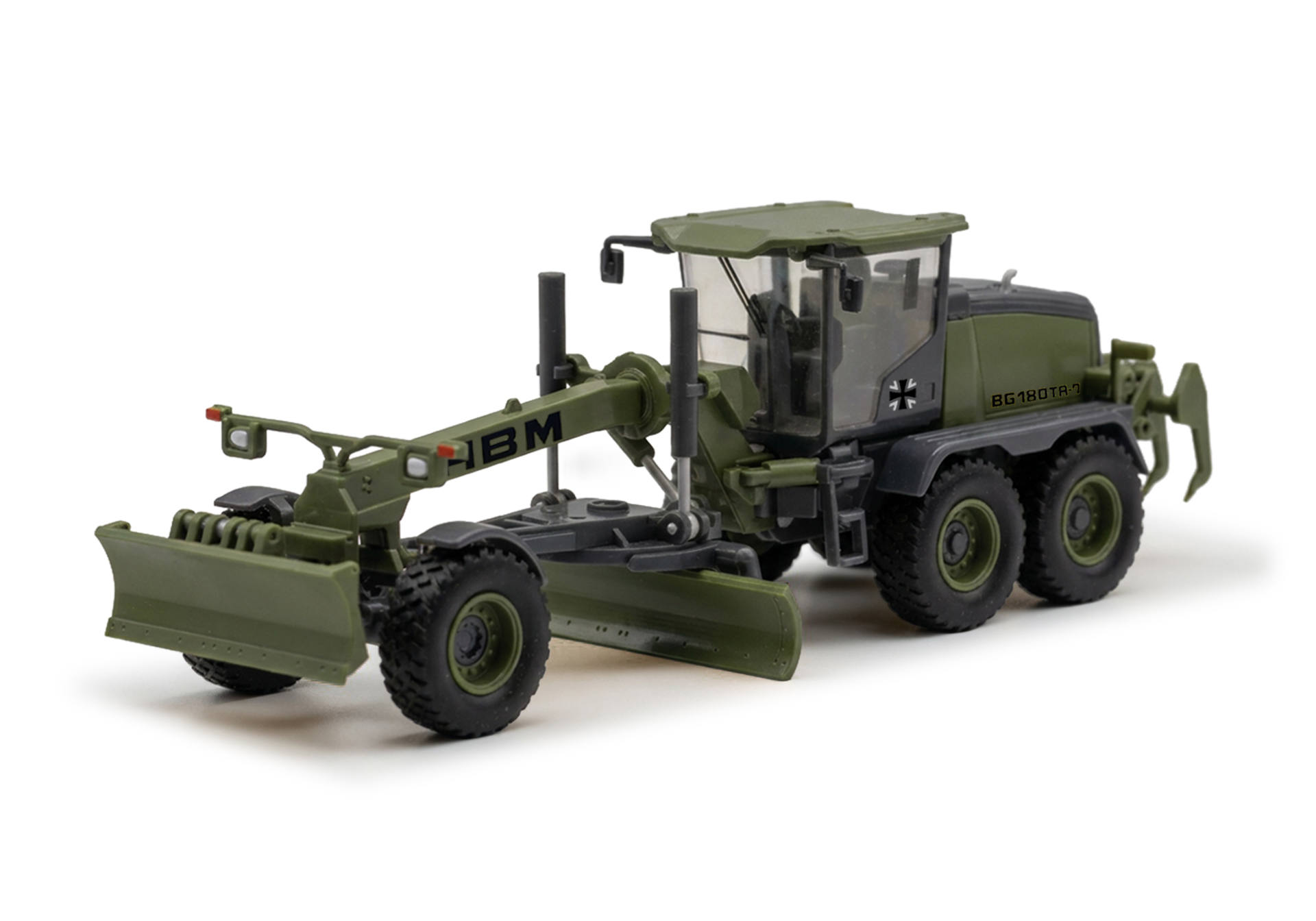 military vehicle, tractor truck, green camouflage, rubber tires, front plow