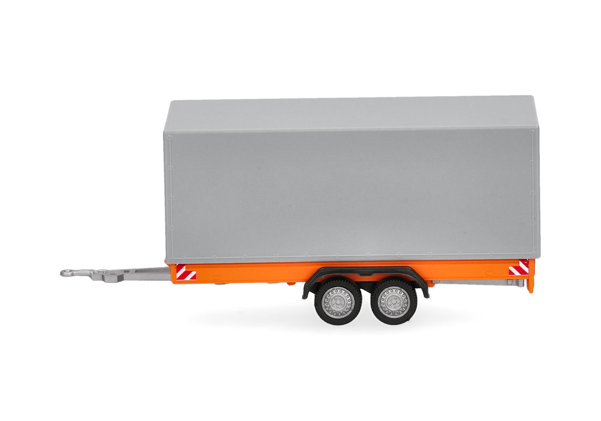 Lastwagenanhänger, Flachbett, graue Box, Orange Fahrgestell, doppelte Achsen