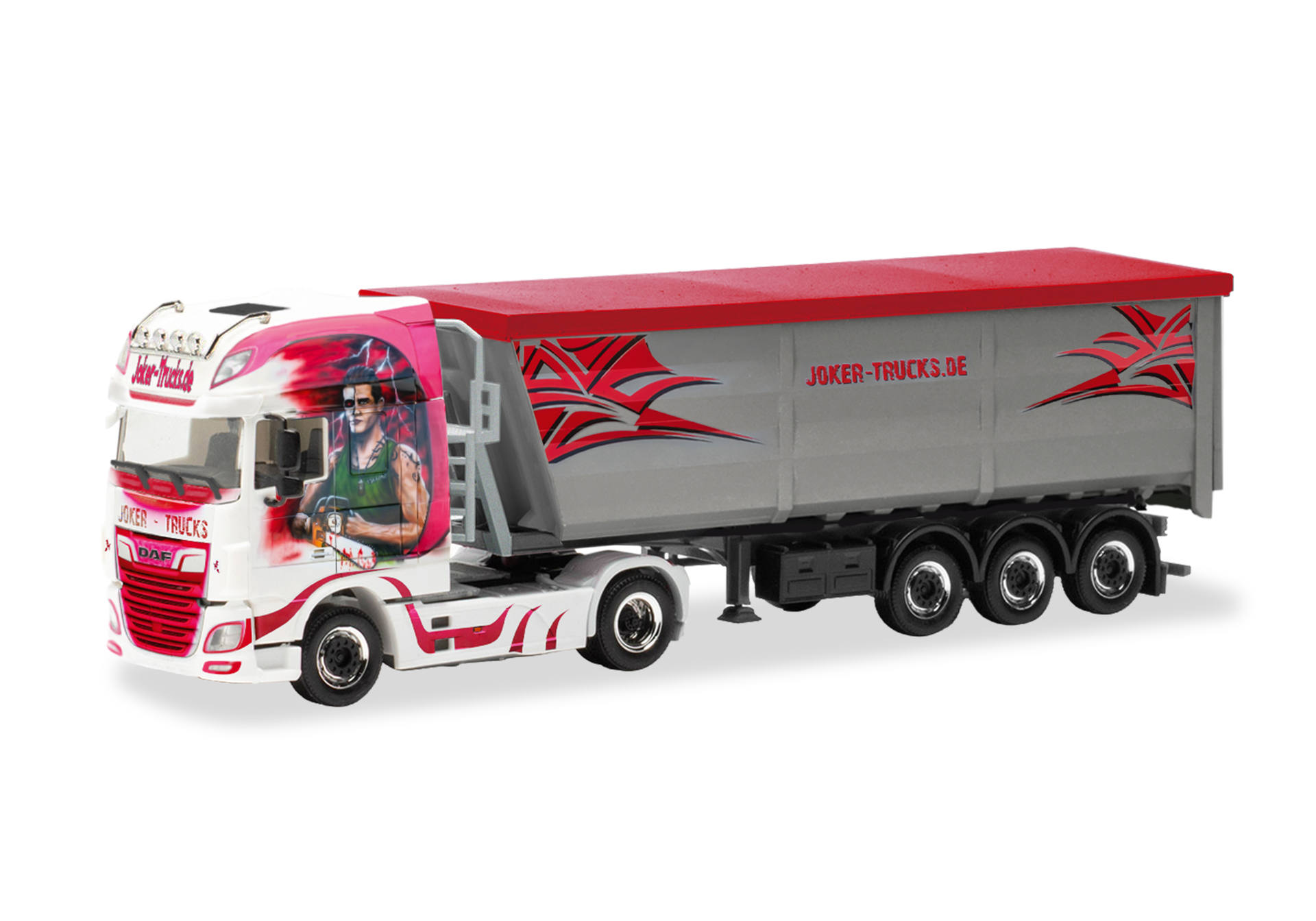 toy truck, semi truck, trailer, red white, graphics