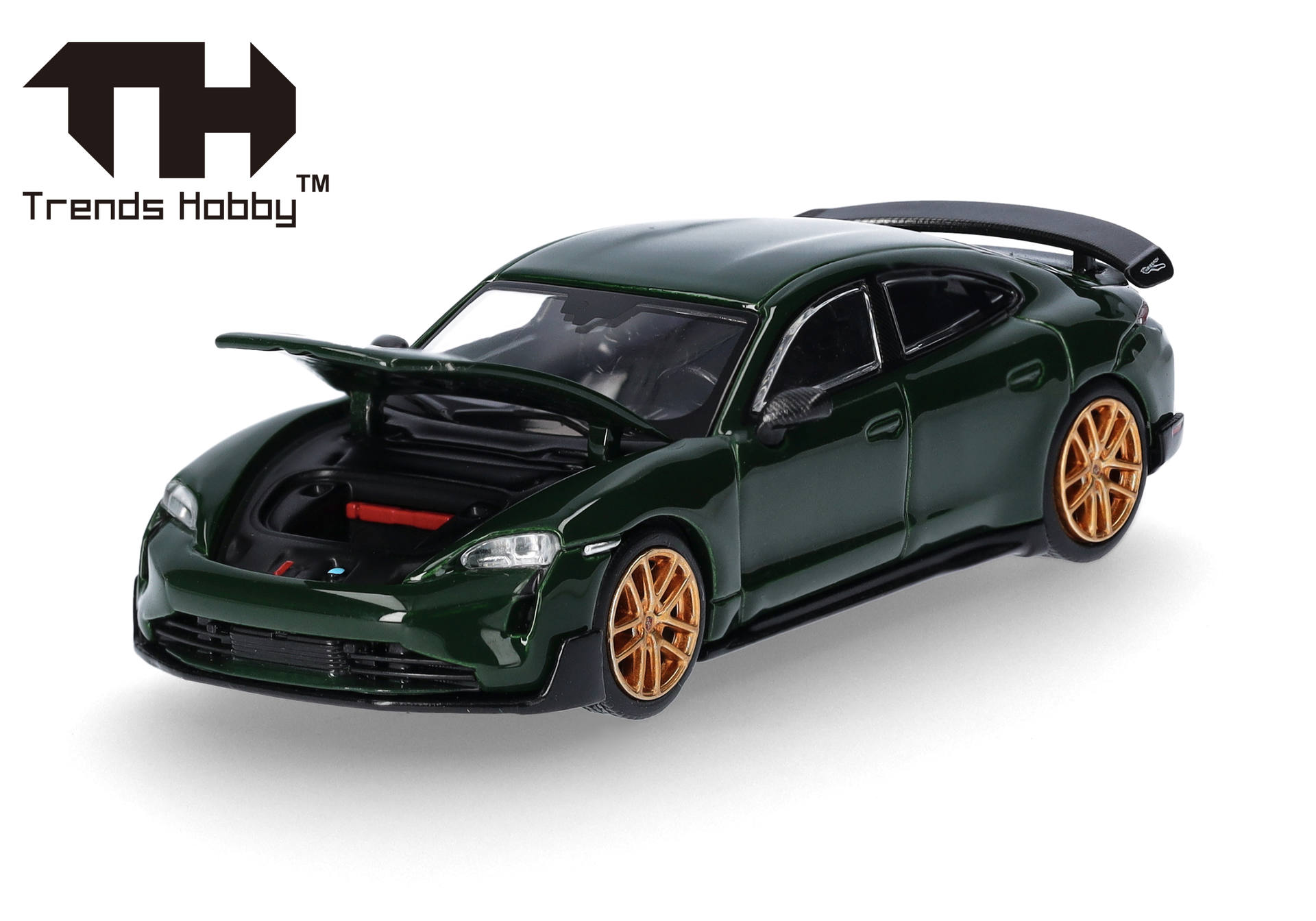 model car, toy car, green, gold wheels, open hood