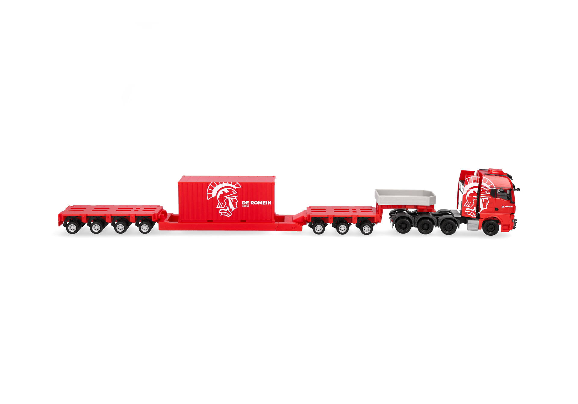 toy truck, red truck, trailer, semi truck, spartan helmet logo