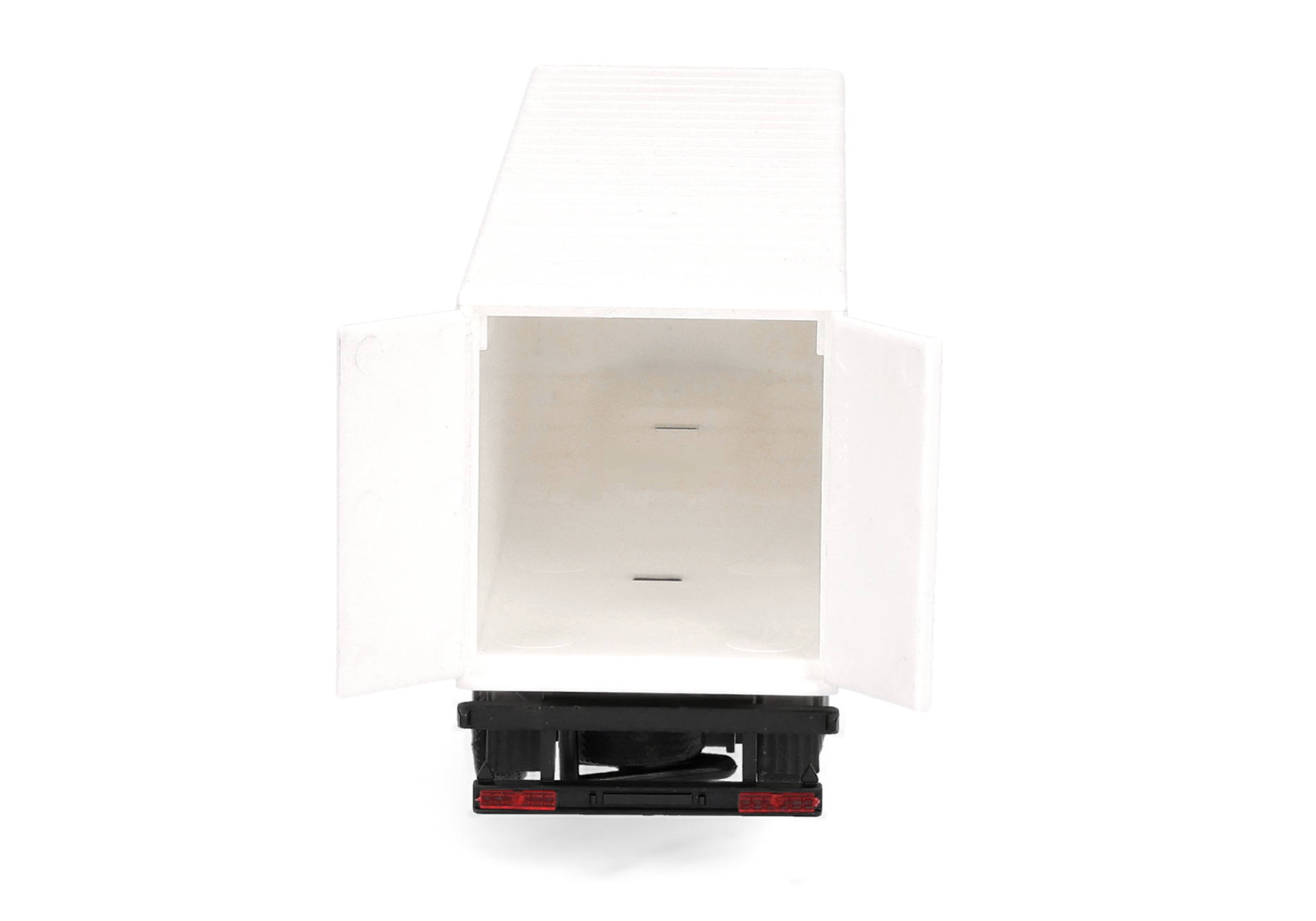 white box, delivery truck, empty interior, open doors, trailer base