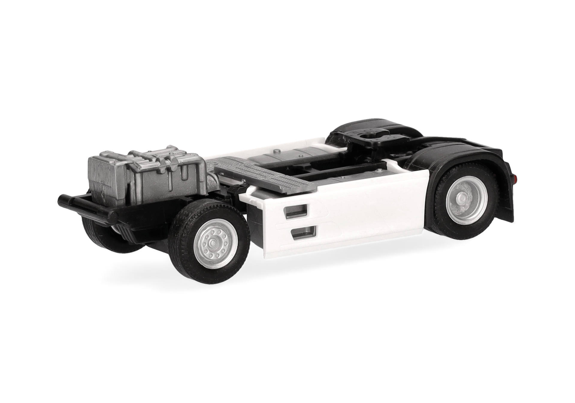 truck chassis, model truck, semi trailer, black white, rubber tires
