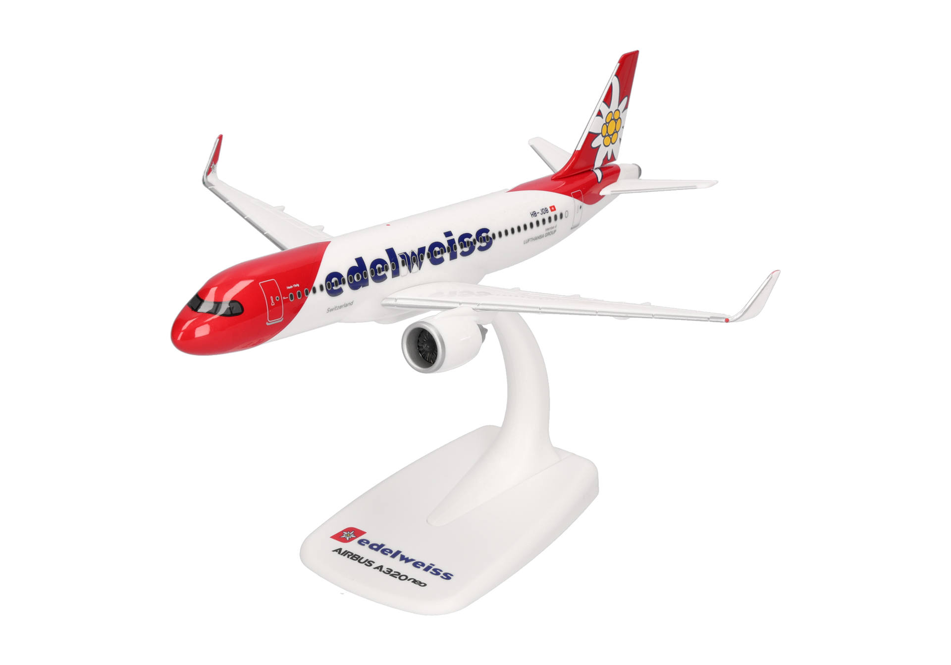airbus a320 model, commercial airplane, scale model, red nose, edelweiss livery