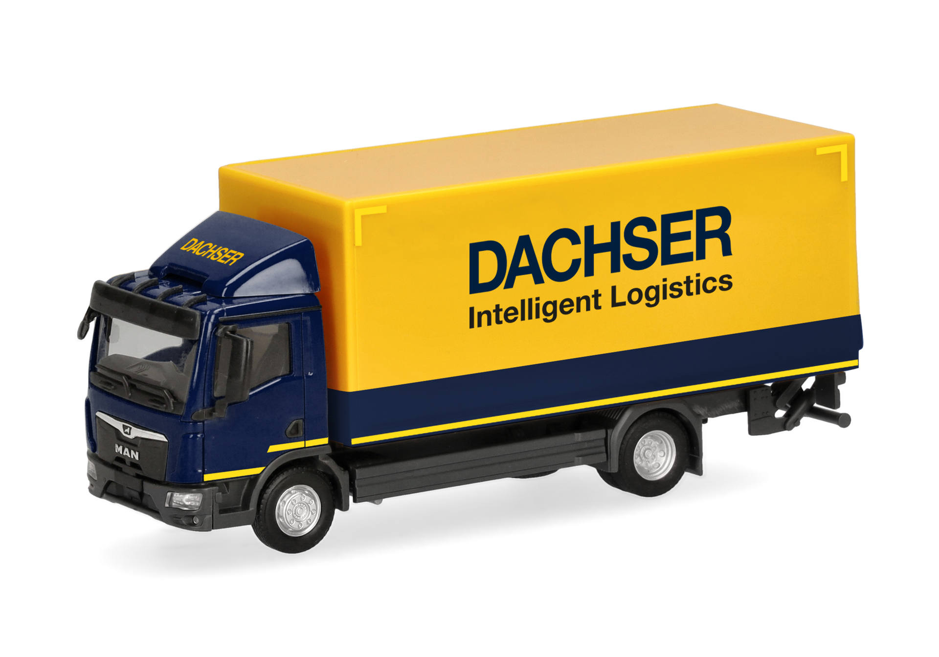 truck, delivery, toy, box van, yellow blue