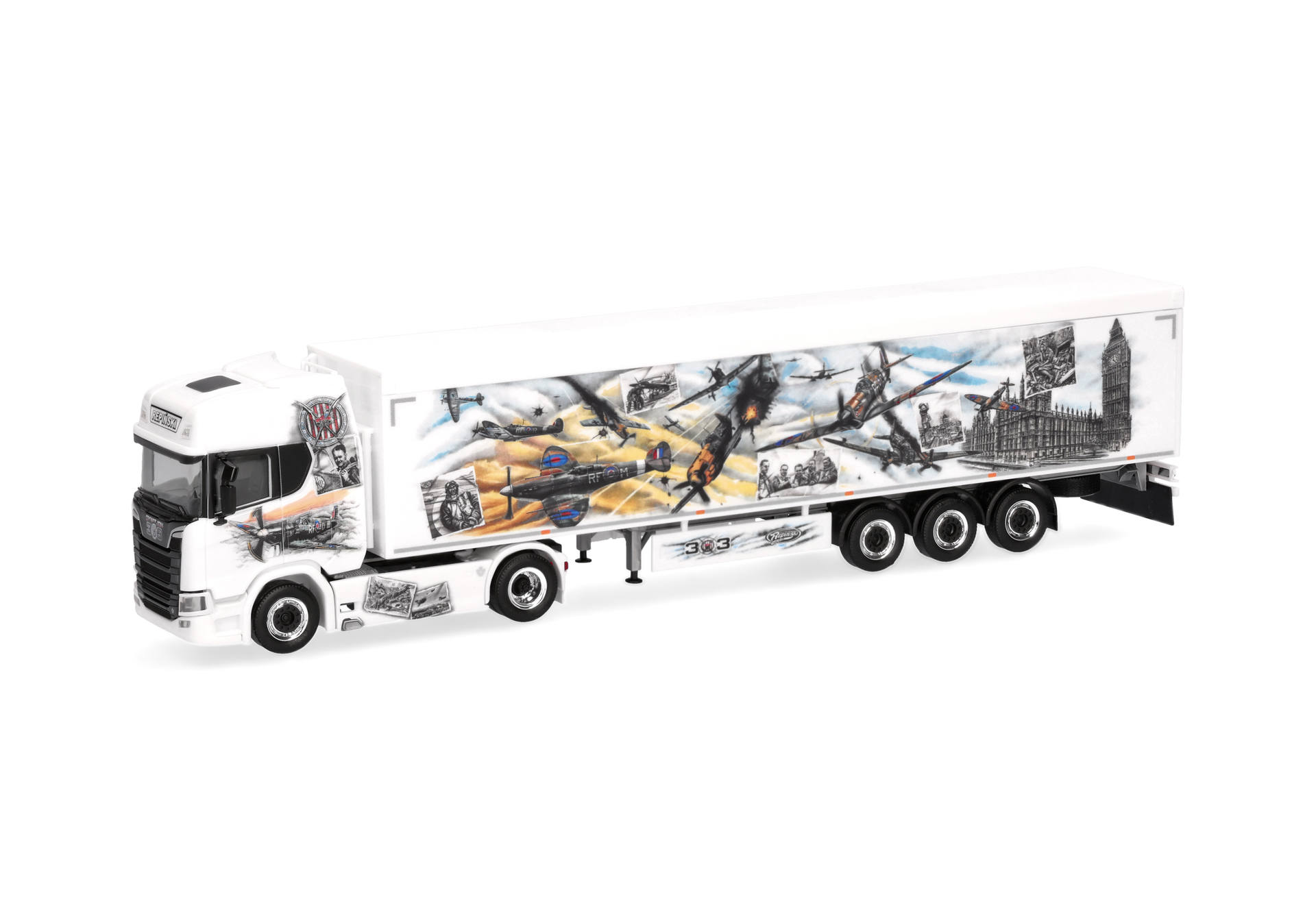 diecast truck, semi-trailer, artwork, white truck, graphic trailer