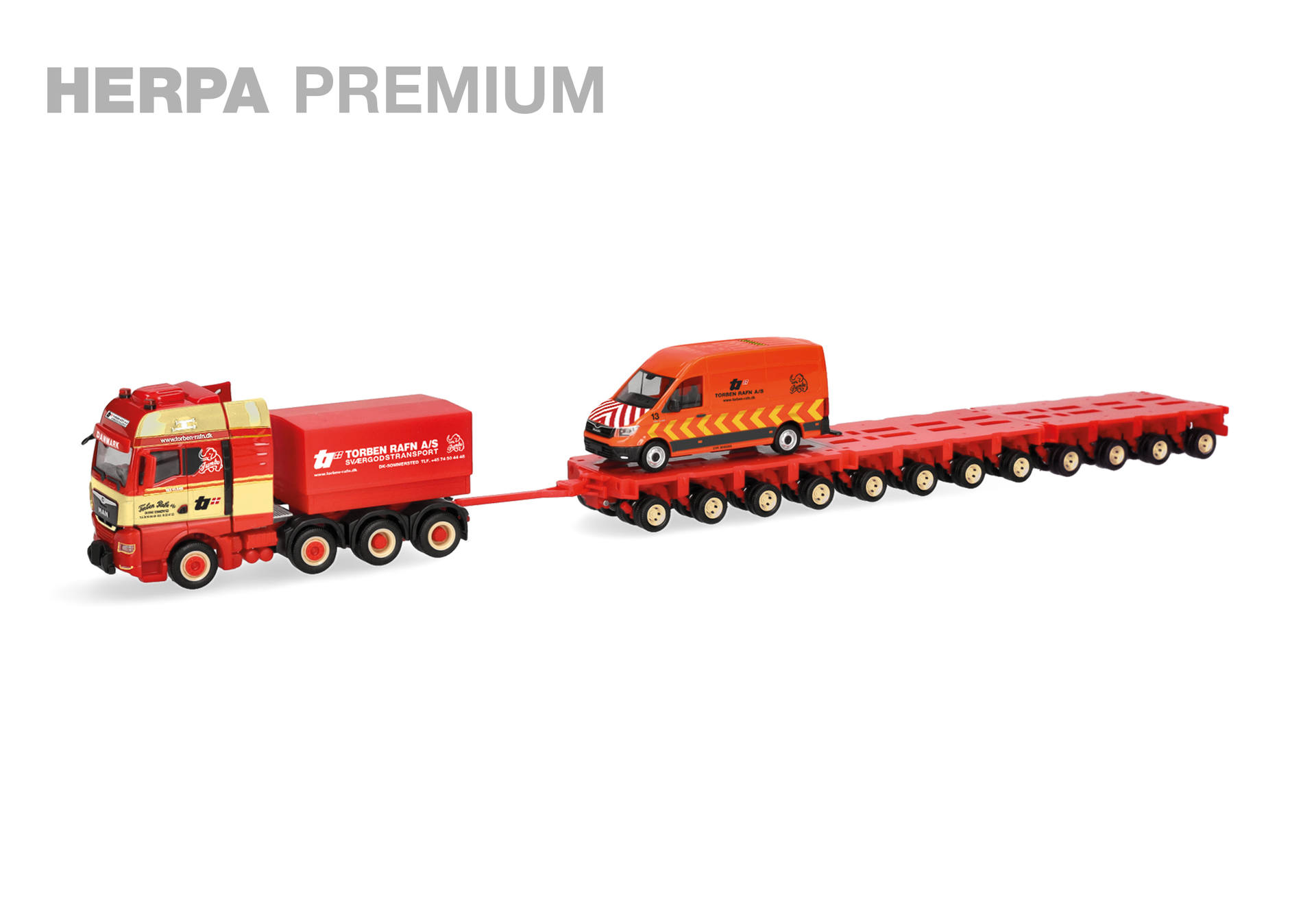HERPA PREMIUM: "Torben Rafn" Heavy Duty Set - MAN TGX GX heavy-duty tractor 4axles with low-boy trailer 12axles and MAN TGE box high roof