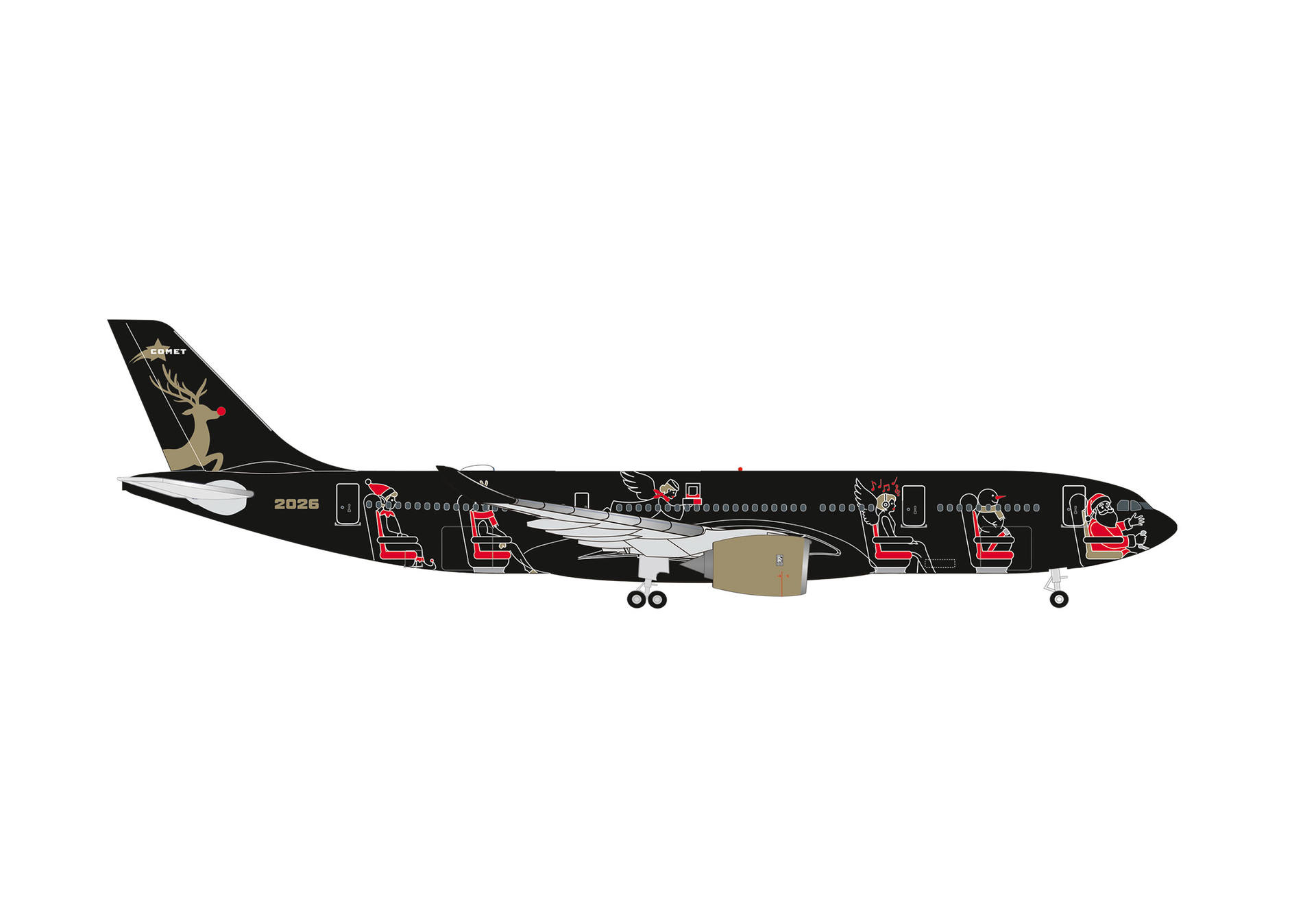 flugzeug, passagierflugzeug, schwarze lackierung, dekorative aufdrucke, triebwerk